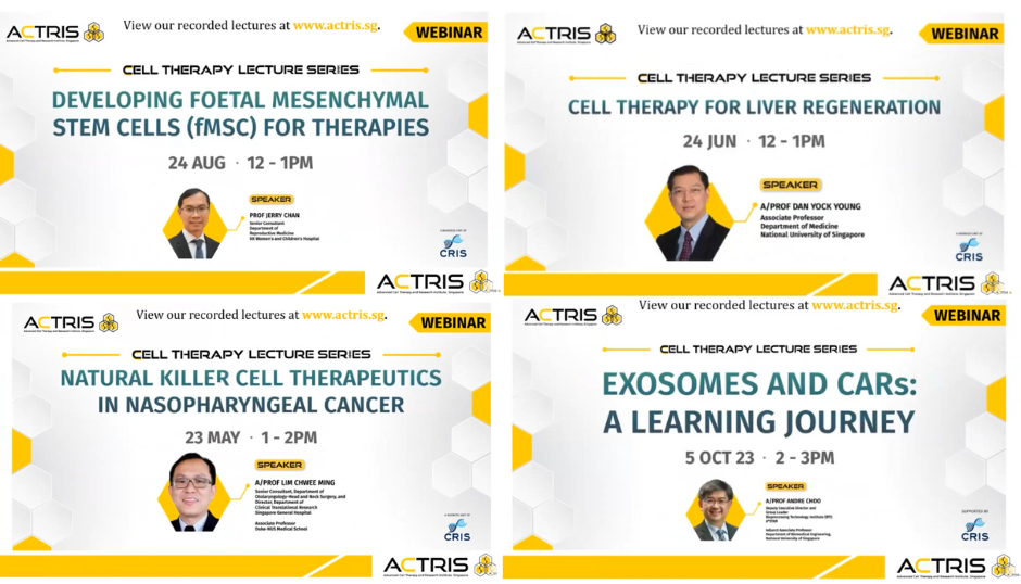 Four seminar panels with titles and times including stem cells, liver regeneration, nasopharyngeal cancer, and exosomes and CARs.