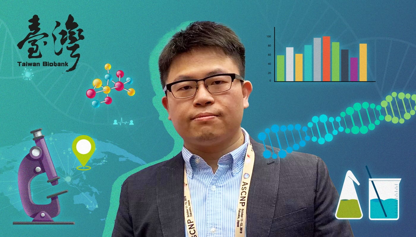 A person in a suit with a lanyard stands in front of scientific graphics including a microscope, DNA strand, and bar chart.