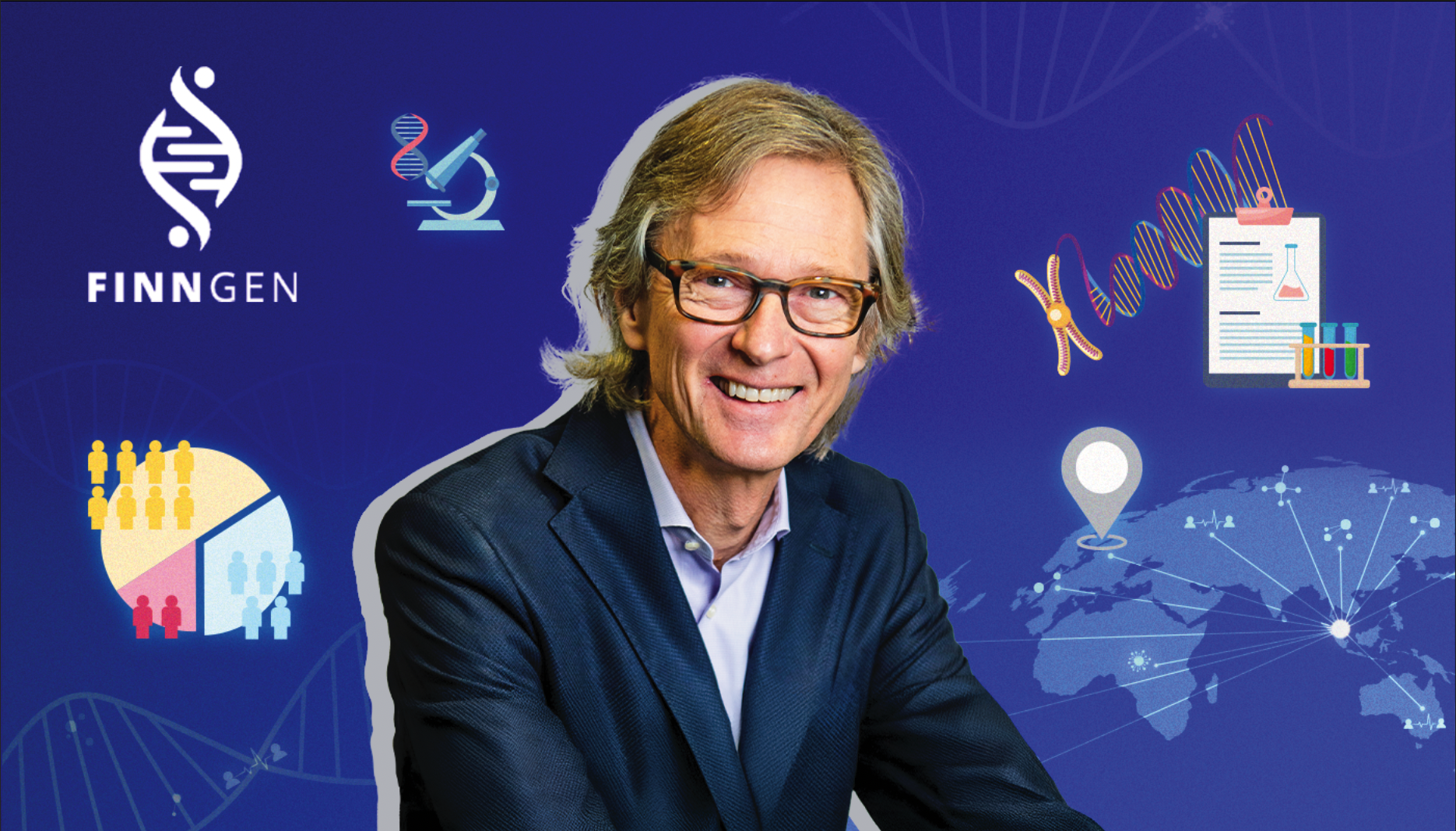 FINNGEN logo with stylized DNA and scientific icons on a blue background with illustrations of maps and people demographics.