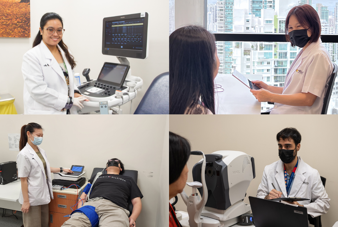 Four doctors perform various medical procedures and consultations in a clinic setting.