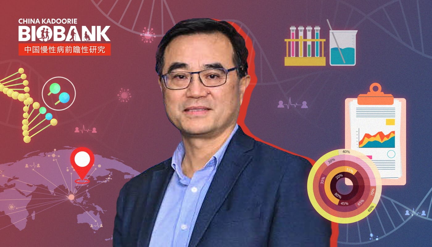 Background has DNA, test tubes, clipboard graphs, world map, and China Kadoorie Biobank text.