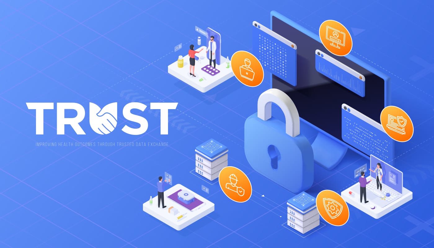 The image shows 'TRUST' logo next to a blue padlock, screens, healthcare scenes, and icons related to data and security.