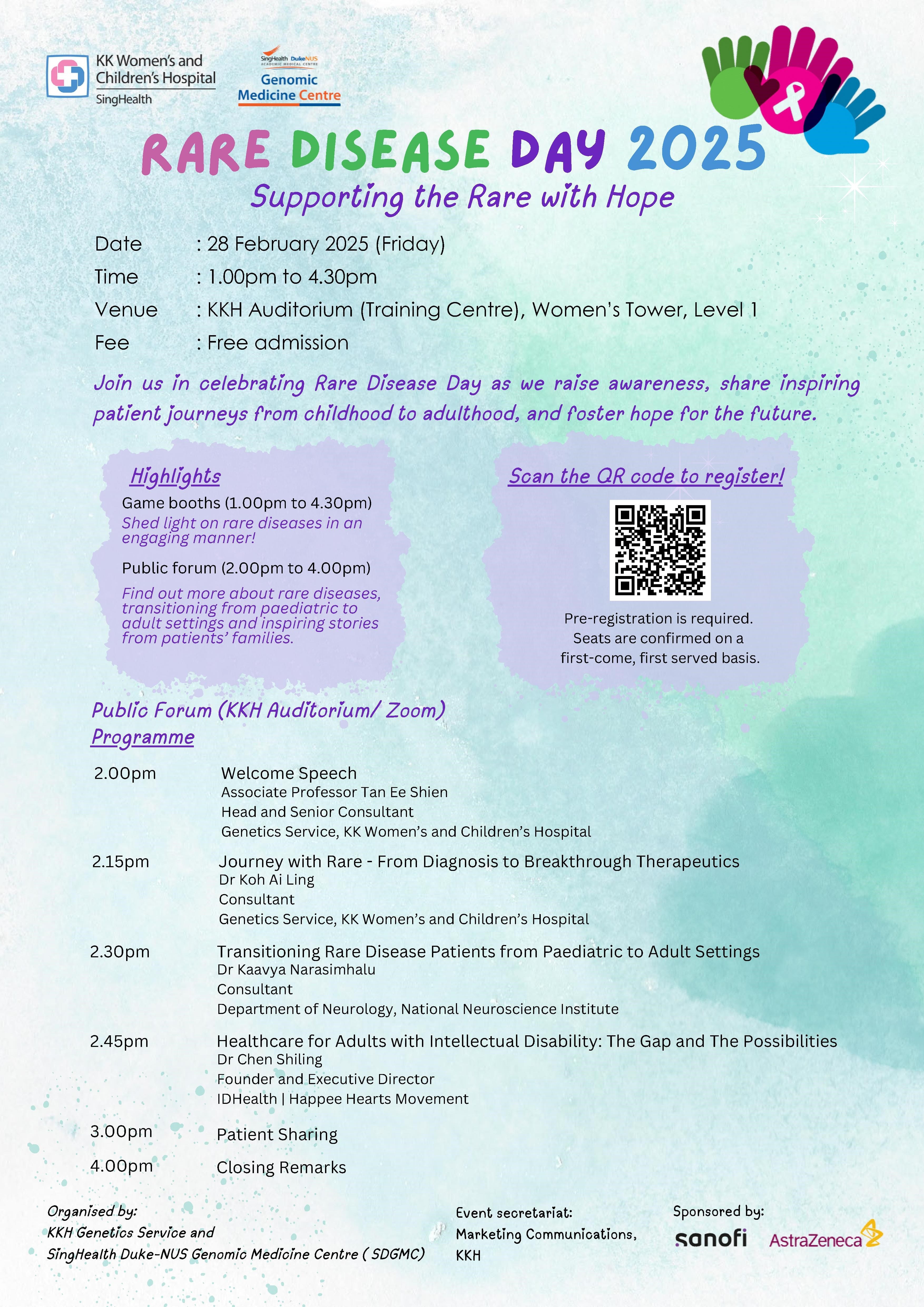 Poster for Rare Disease Day 2025 with event details including date, time, venue, highlights, and program schedule of speakers.