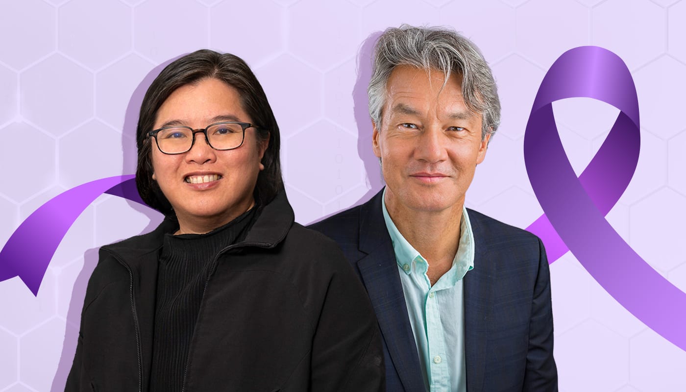 Two people standing against a hexagon-patterned purple background, with a large purple ribbon between them.