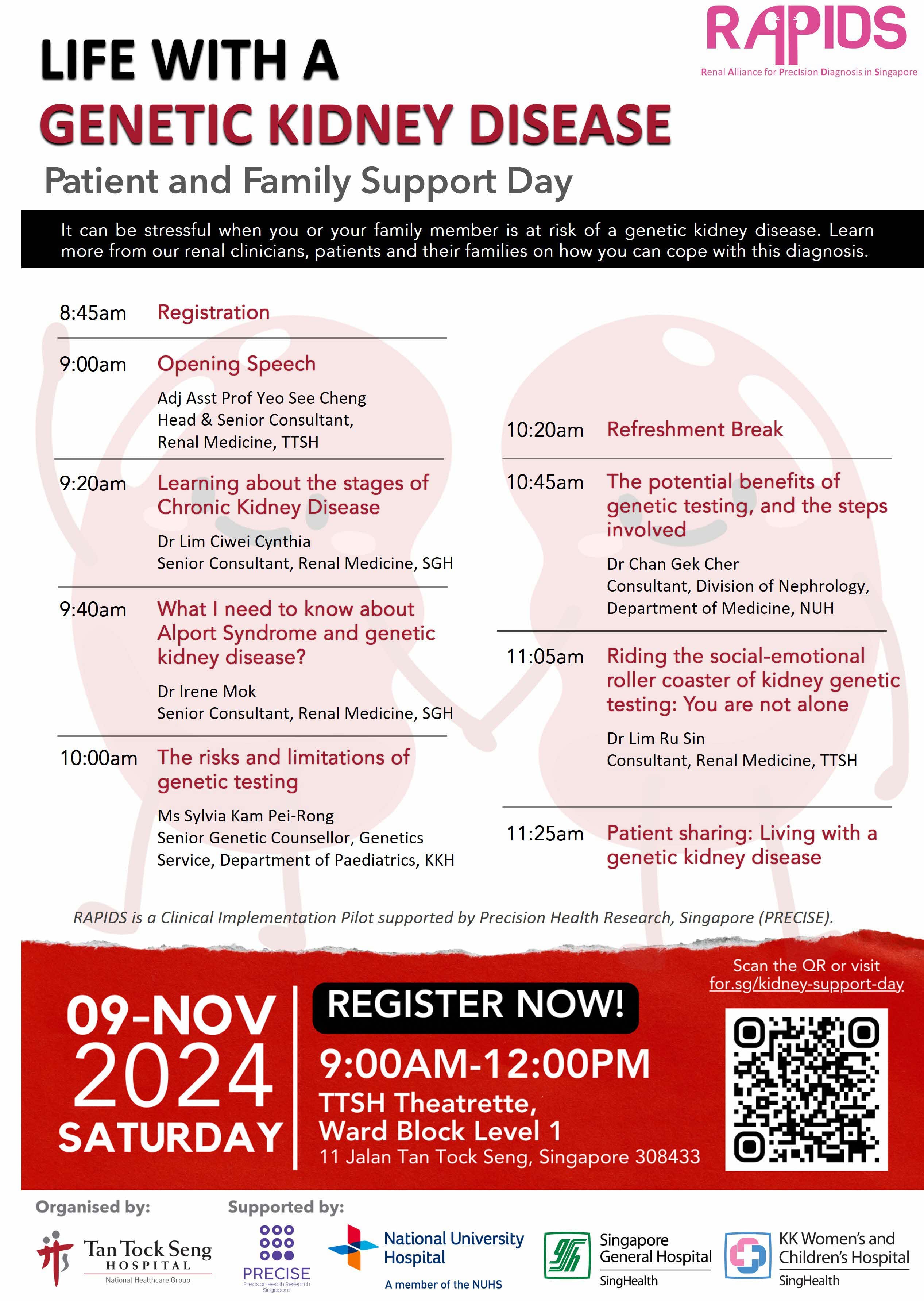 2024 Patient and Family Support Day for Genetic Kidney Disease schedule, 9am-12pm, Nov 9, Tan Tock Seng Hospital Singapore.