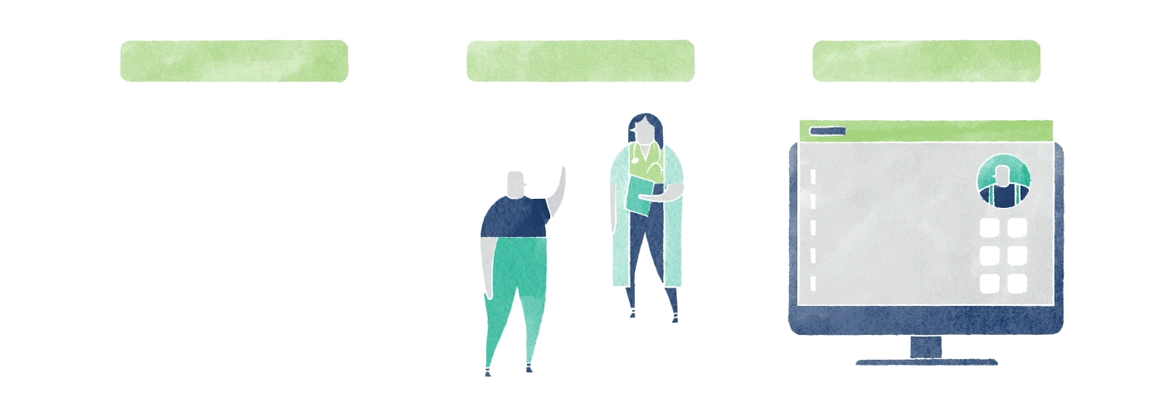 Two human figures stand next to a large computer screen with icons and a profile picture.