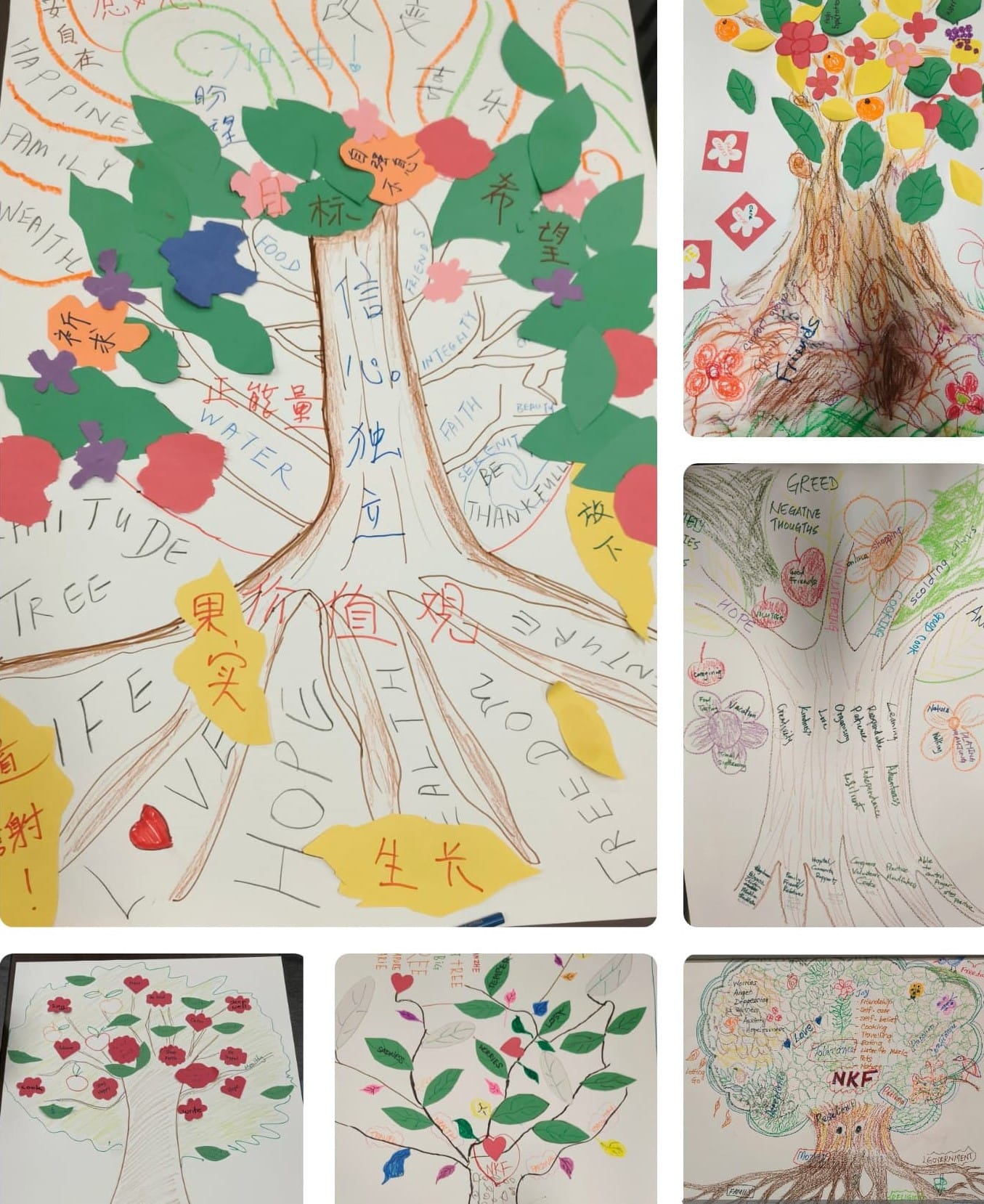 Six drawings of trees with colorful leaves and labeled with words like "Hope," "Faith," "Family," and phrases in various languages.