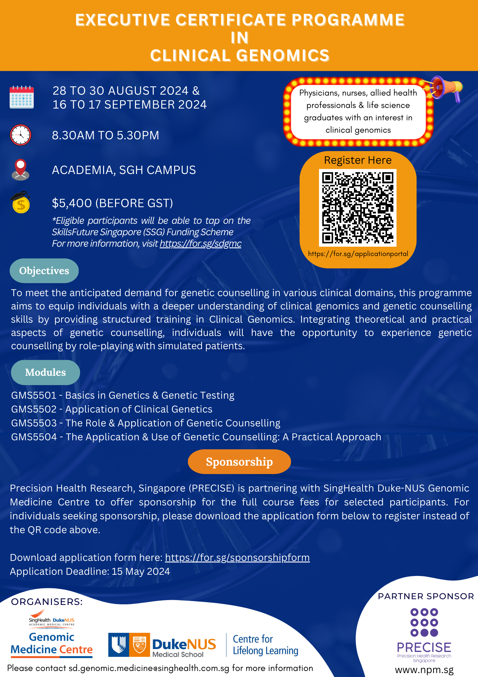 Poster for an Executive Certificate Programme in Clinical Genomics at SGH campus, from August 28-30 and September 16-17, 2024.