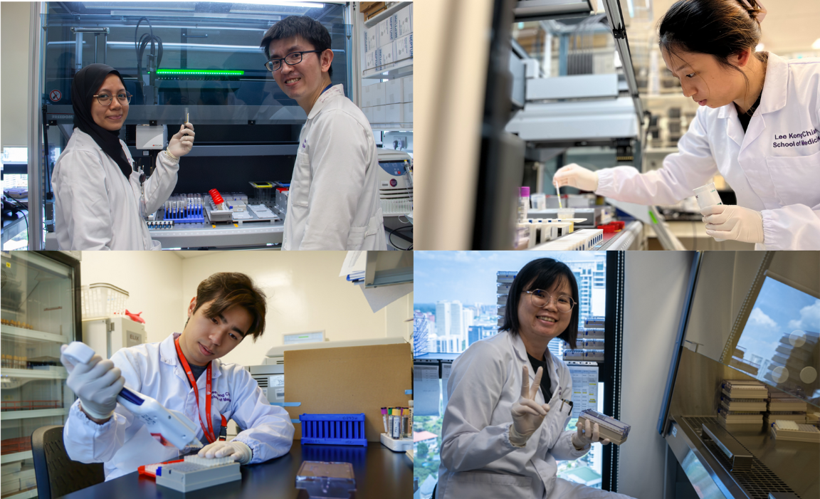 Four laboratory researchers, three performing experiments and one holding a container, wearing lab coats and gloves.