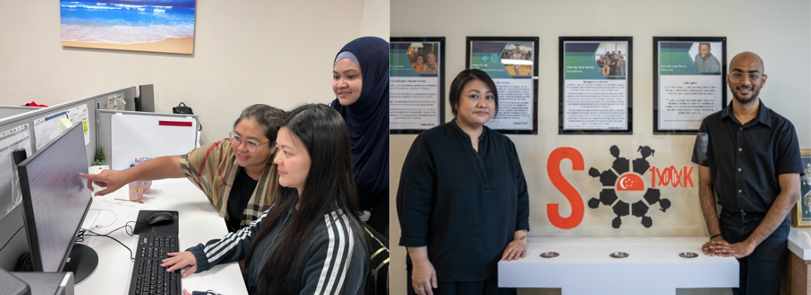 Left image shows a person pointing at a monitor while another types, and right image shows two people standing by a decorated wall.