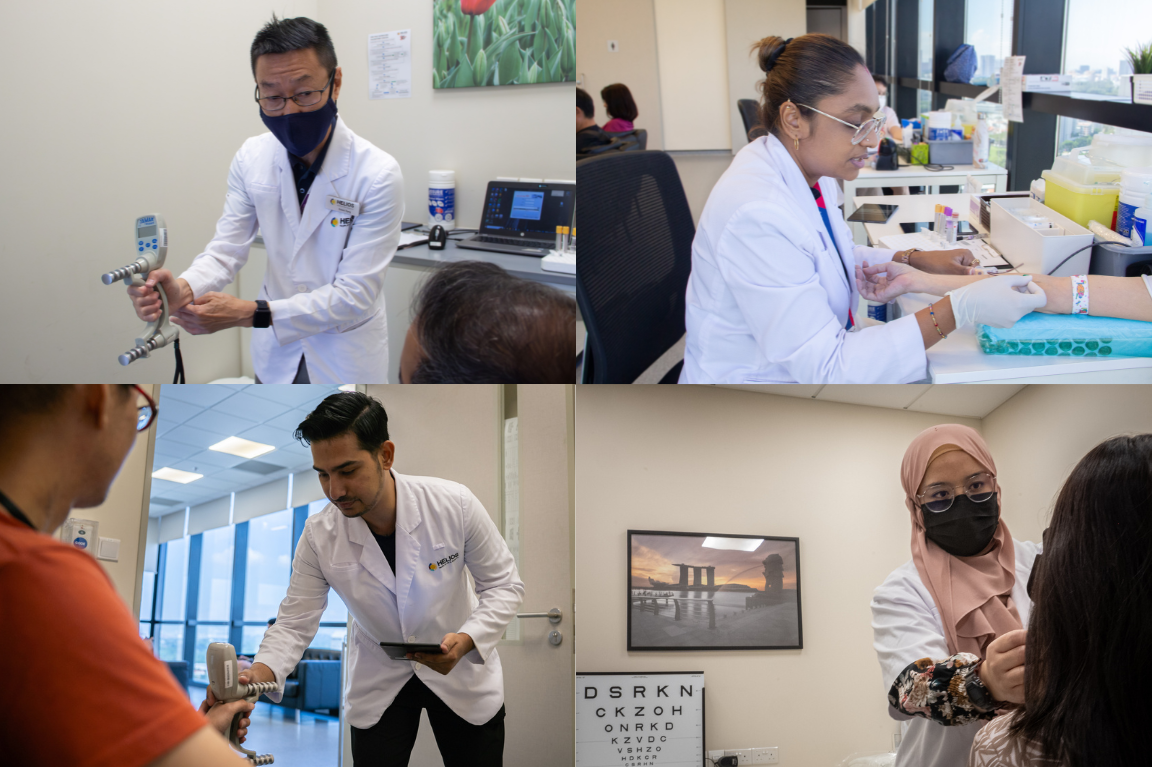 Collage of medical professionals in white coats conducting various health examinations in clinical settings.