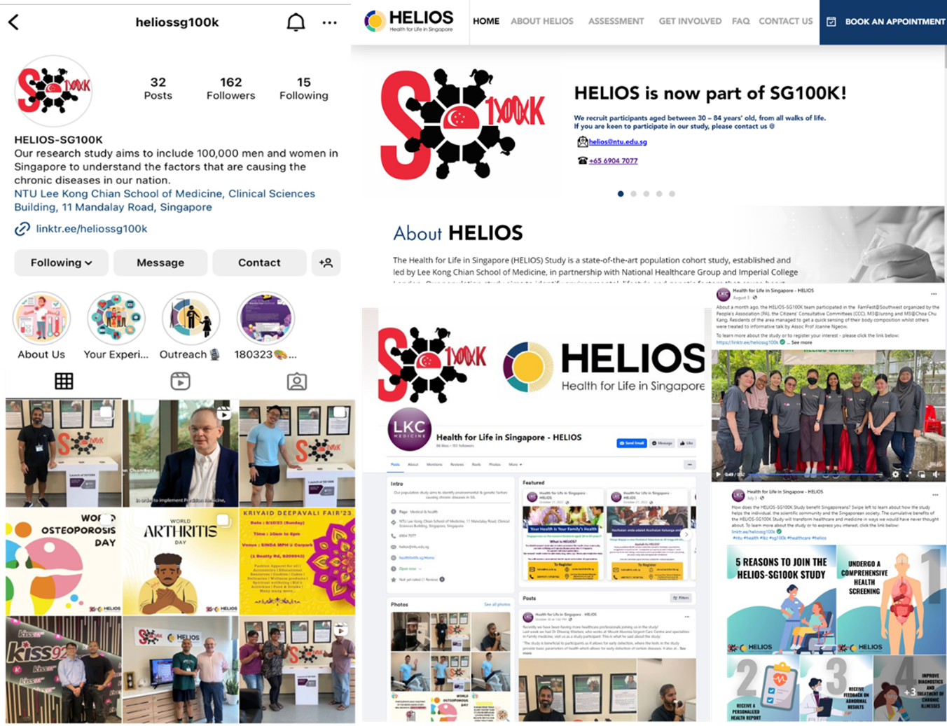 A collage of SG100K's social media posts, logos, events, research study information, and health awareness campaigns in Singapore.