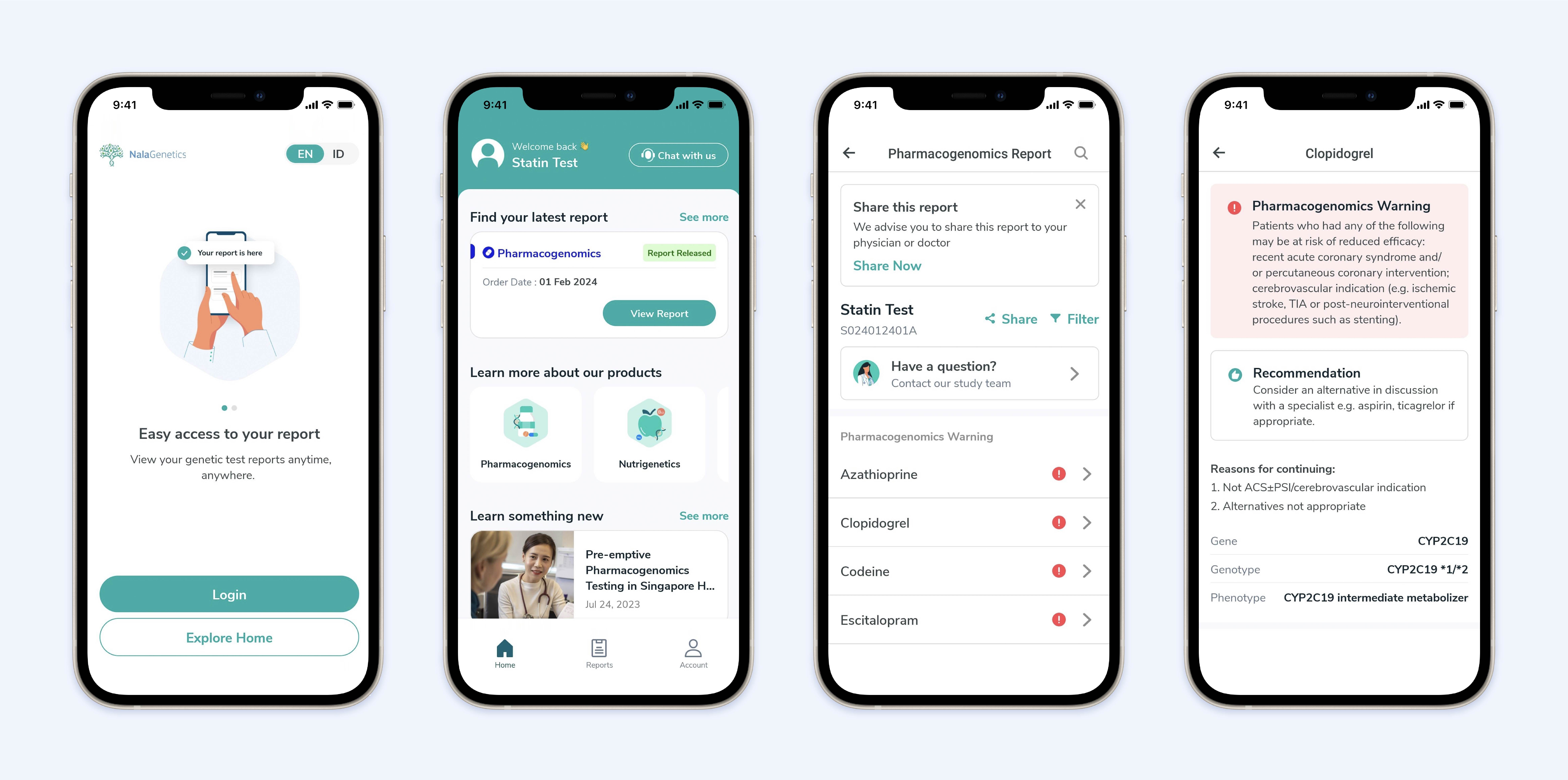 Four smartphone screens show different sections and reports from a genetic test results app.