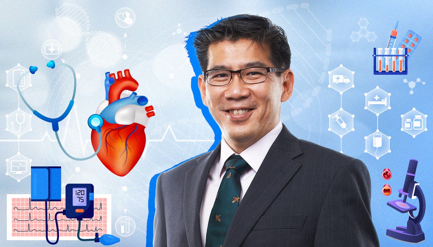 The image shows medical icons including a heart model, stethoscope, microscope, blood pressure monitor, and test tubes.