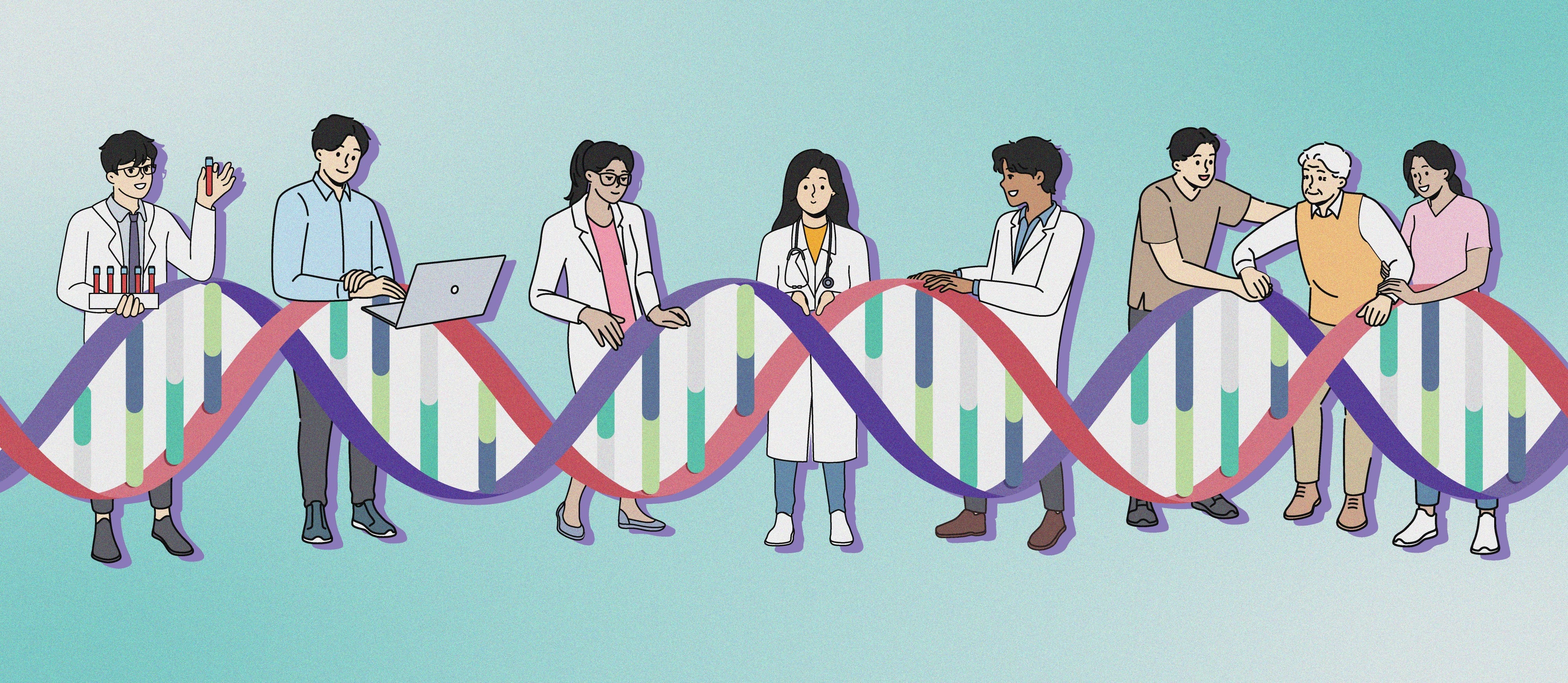 A cartoon depicting scientists working on a DNA helix