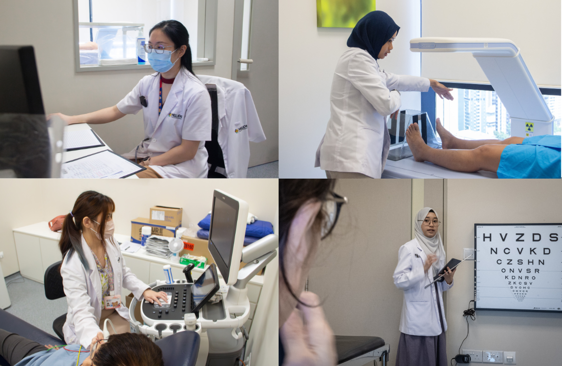 Doctors in white coats performing various medical tasks including leg imaging, ultrasound, and eye chart testing.