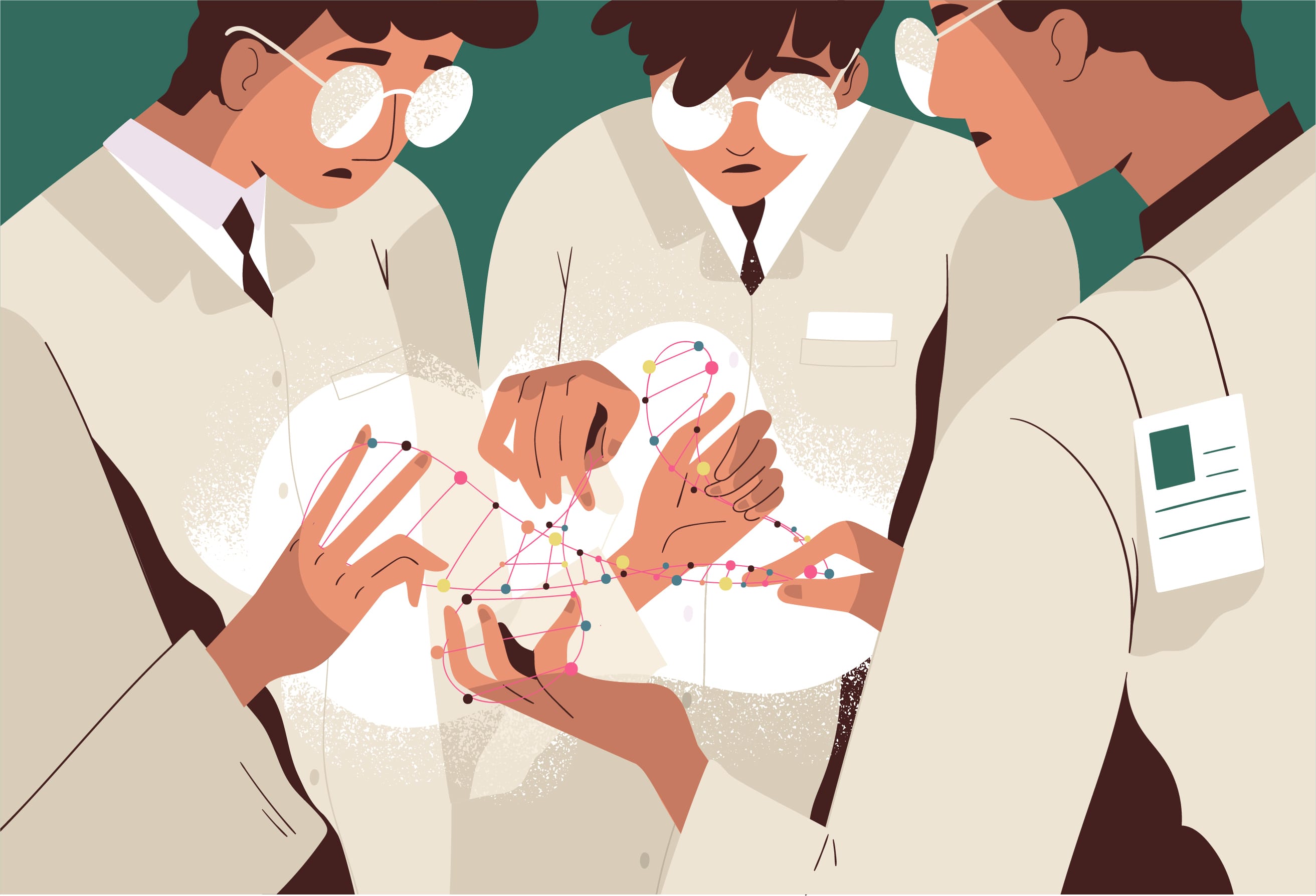 Four individuals in lab coats collaboratively examine a model of a DNA strand.