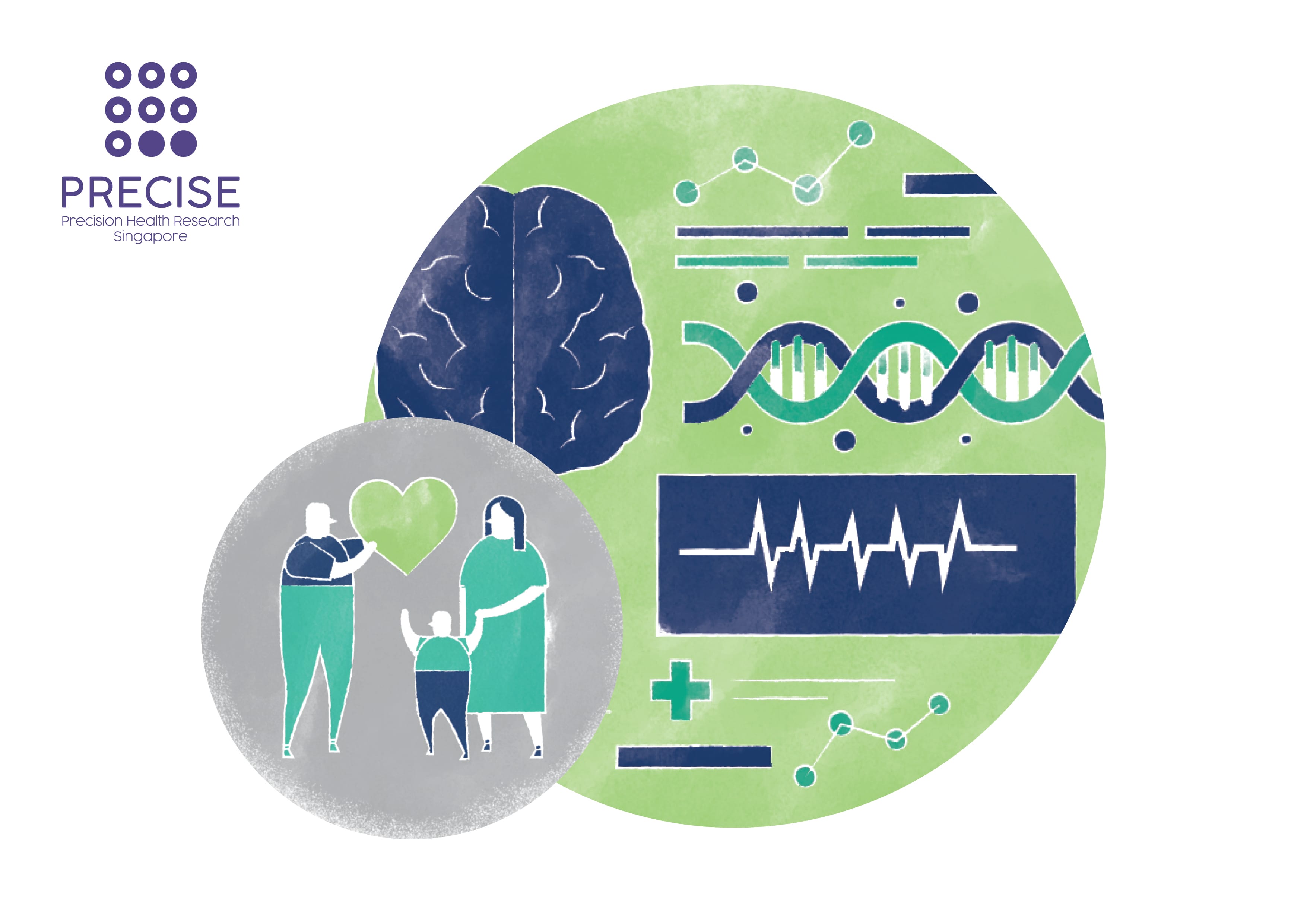 Illustration showing a brain, DNA, and heartbeat in a green circle, with a family holding a green heart in a gray circle.