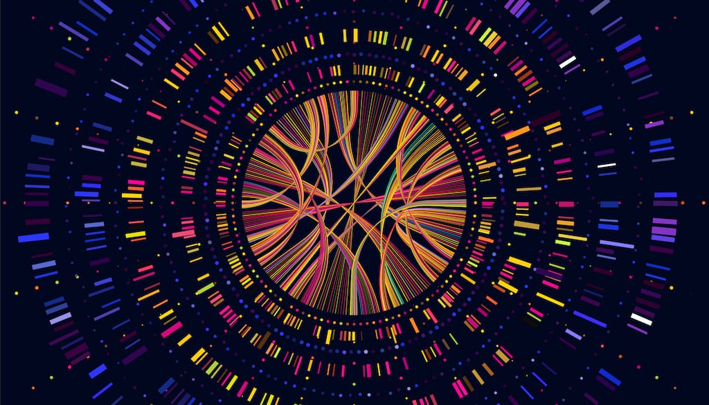Colorful lines and bars in concentric circles with a web of interconnected lines in the middle against a dark background.