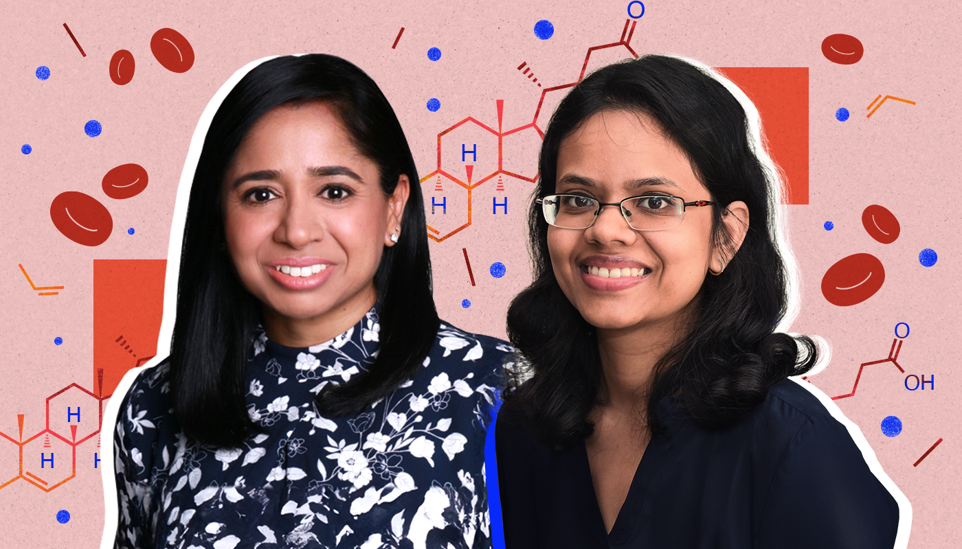 Two individuals in patterned tops stand against a background with molecular structures and red blood cells.