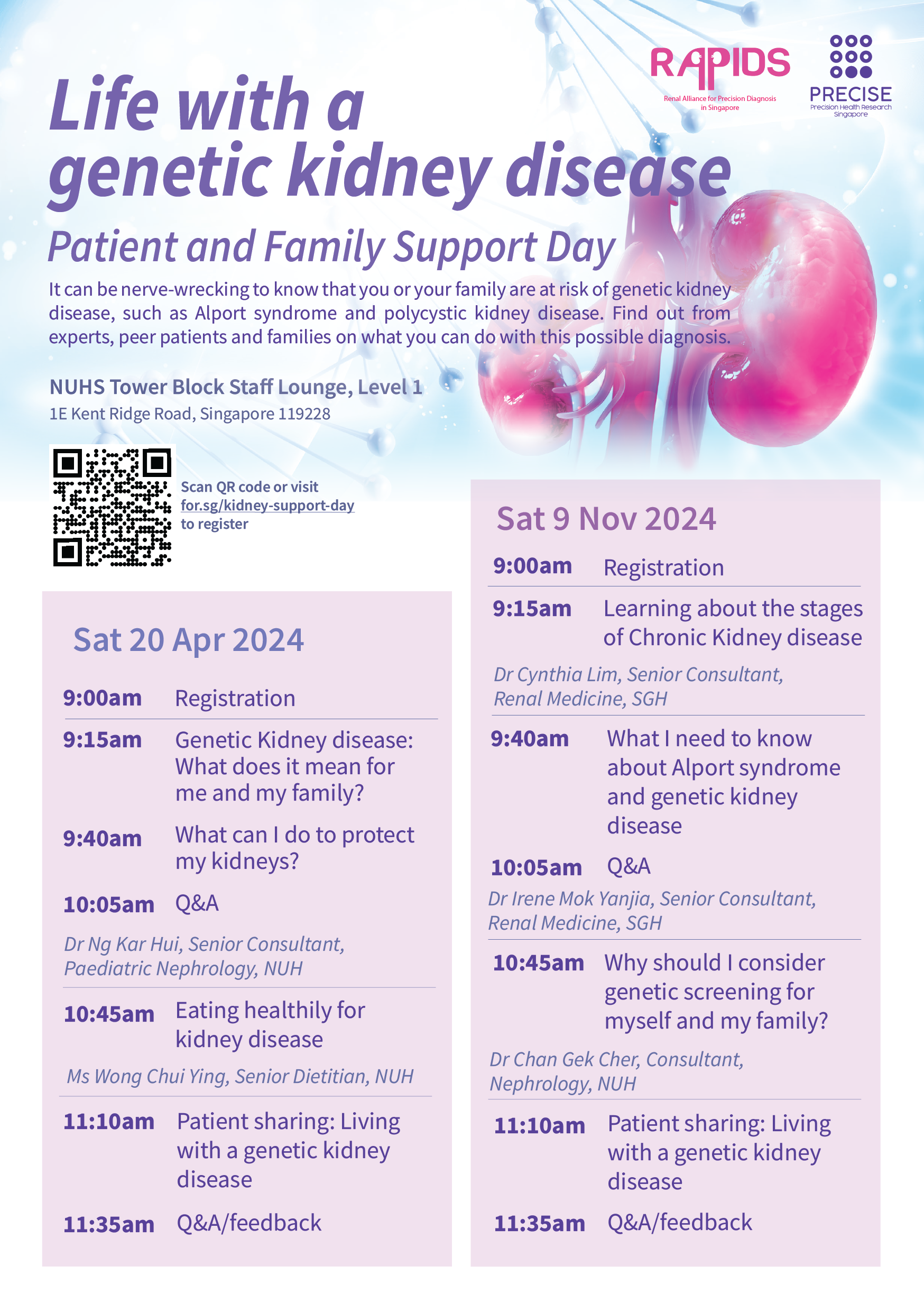 Flyer for Patient and Family Support Day with genetic kidney disease info, including dates, program schedules, and location in Singapore.