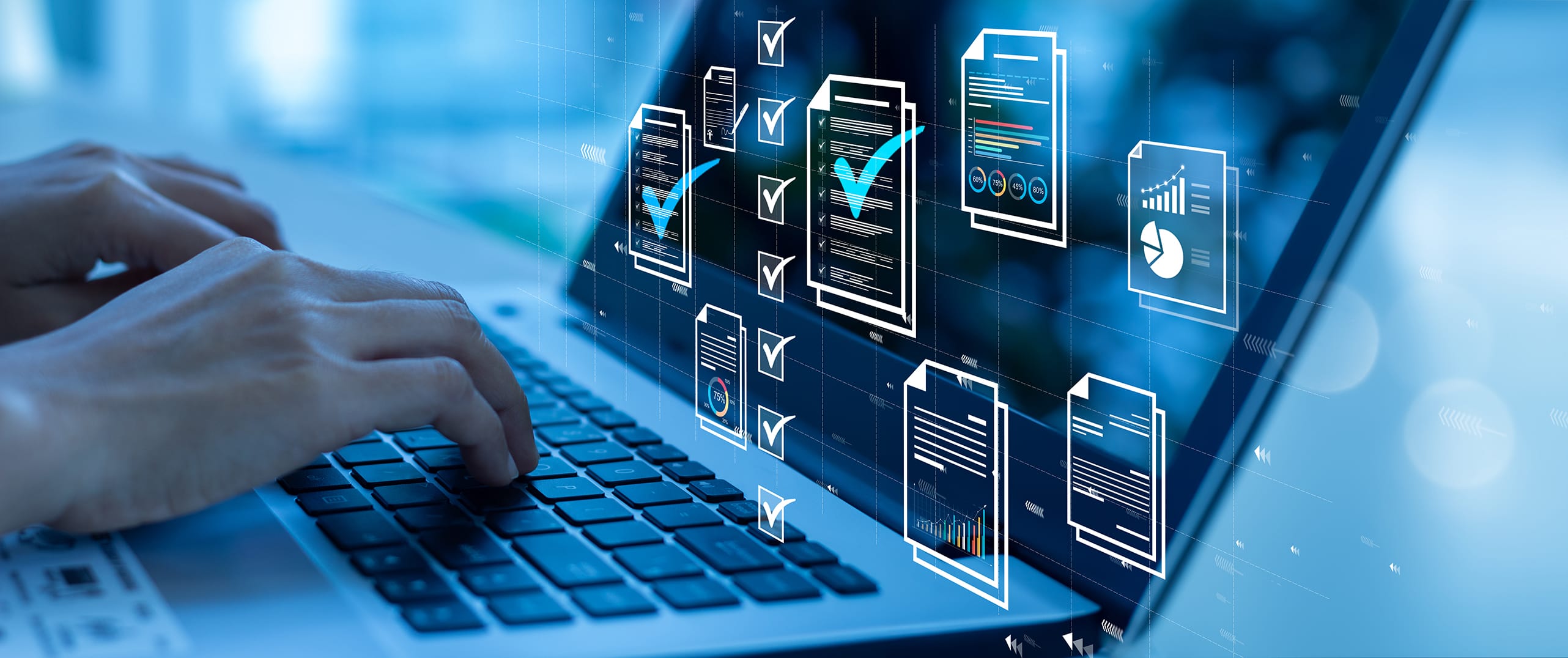 Overlay of graphic document icons with check marks signifying documents are verified in good order