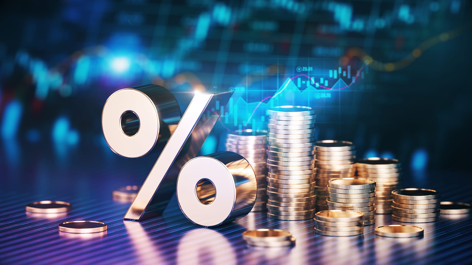 % sign with coins and growth chart in the background