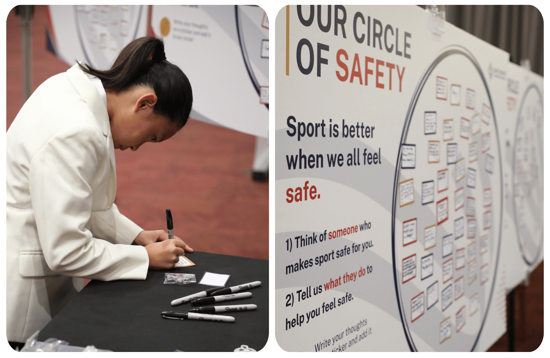 A young athlete writes her thoughts on a sticker before adding it to our Circle of Safety