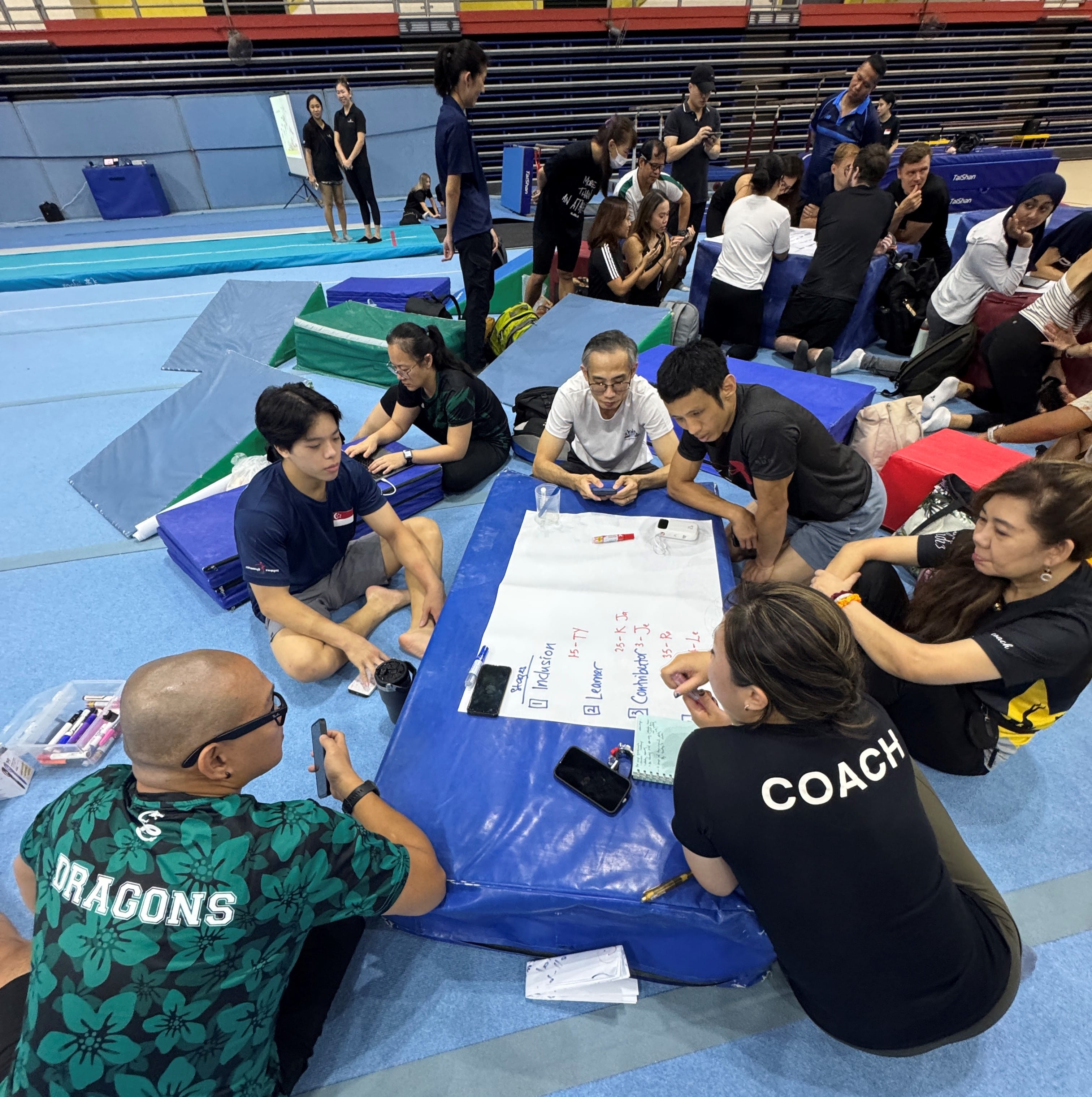 Group of people at a gym sitting around a large sheet with notes, some wearing "coach" and "dragons" shirts.
