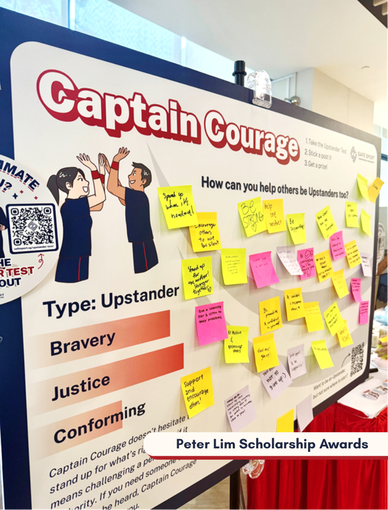 A "Captain Courage" board with tips on being an upstander, covered with colorful sticky notes, at the Peter Lim Scholarship Awards.