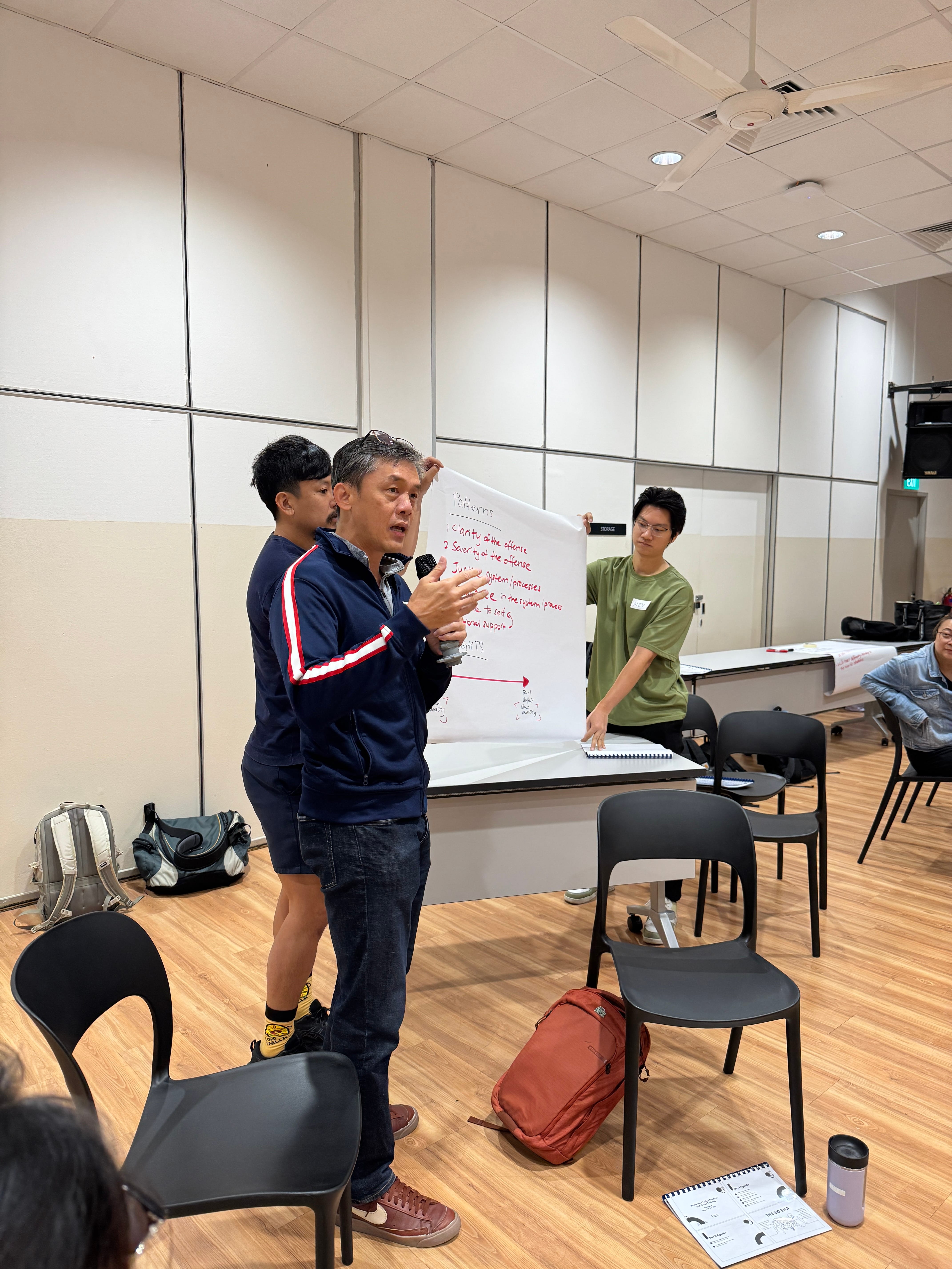 A person in a navy jacket speaks into a microphone while another person holds up a white poster during a classroom setting.