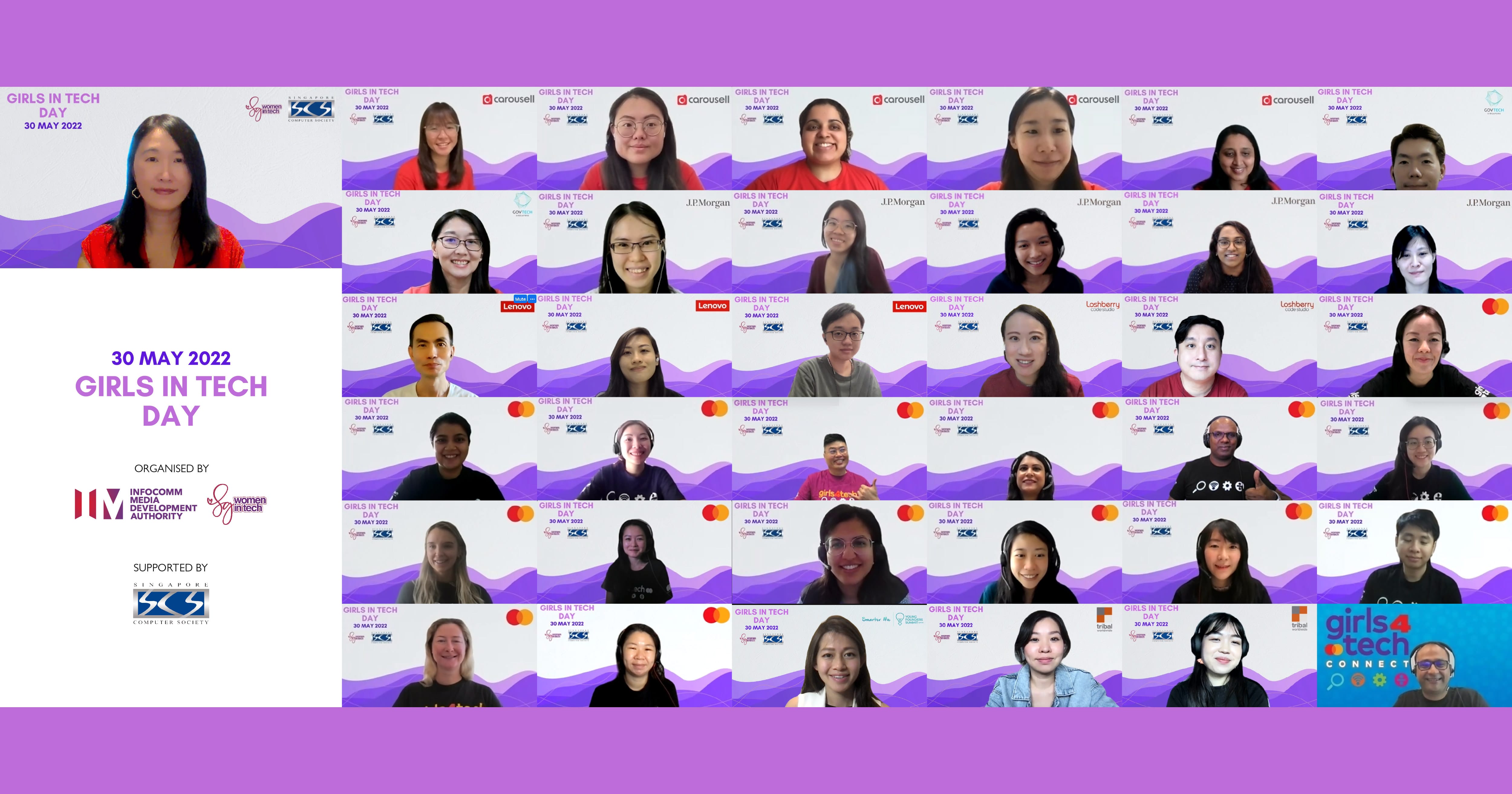 Virtual event of Girls in Tech Day held on 30 May 2022, with various participants shown in individual sessions.
