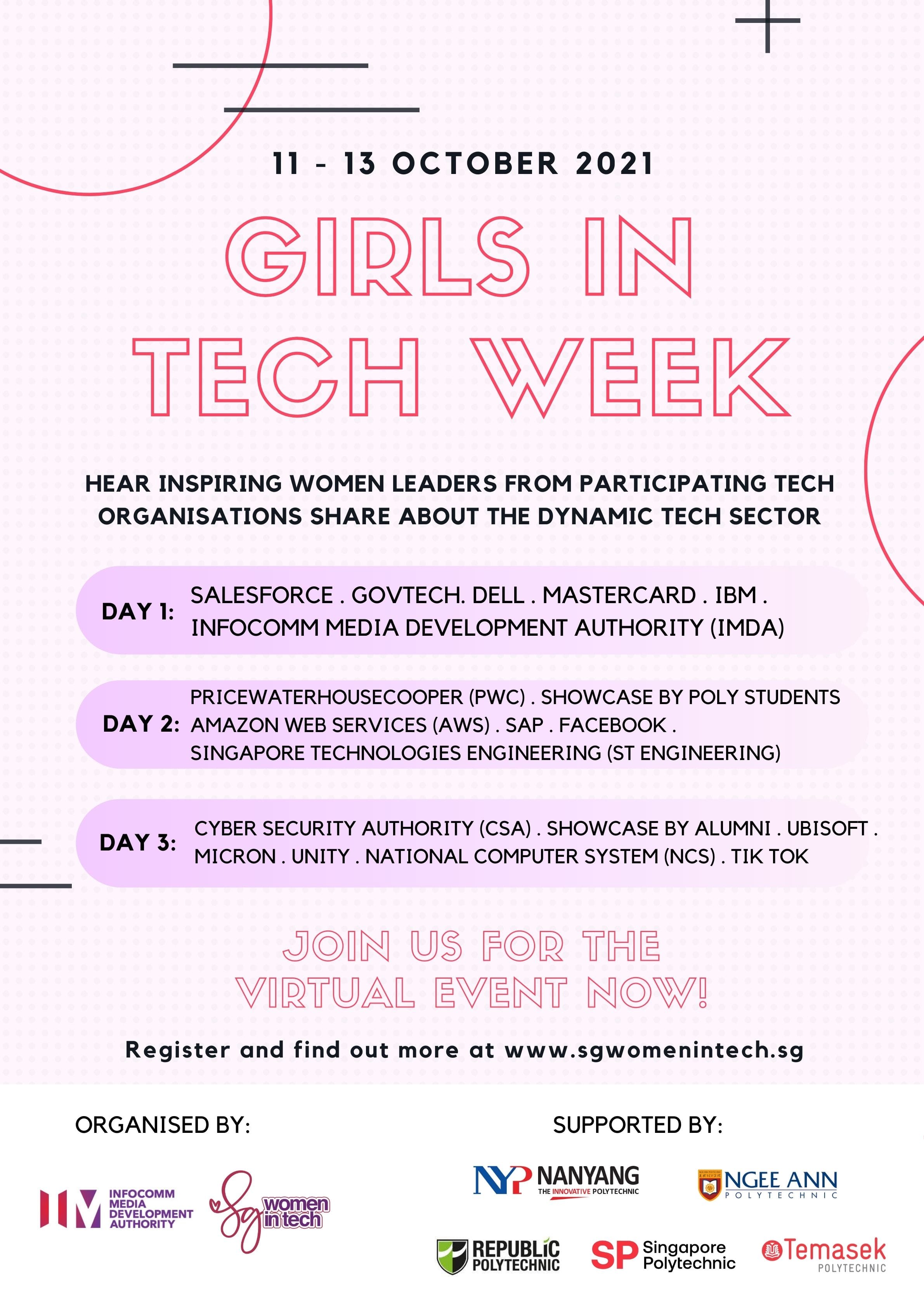 Promotional flyer for "Girls in Tech Week" featuring speakers from various tech companies, happening from 11-13 October 2021.