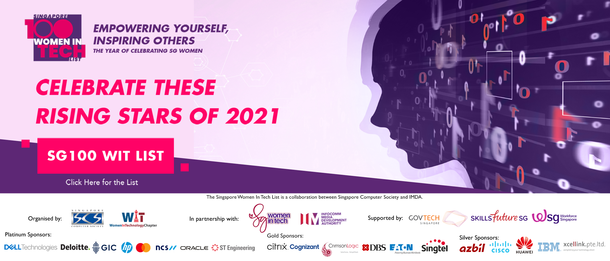 Banner promoting Singapore 100 Women in Tech list, celebrating rising stars of 2021, with logos of sponsors at the bottom.