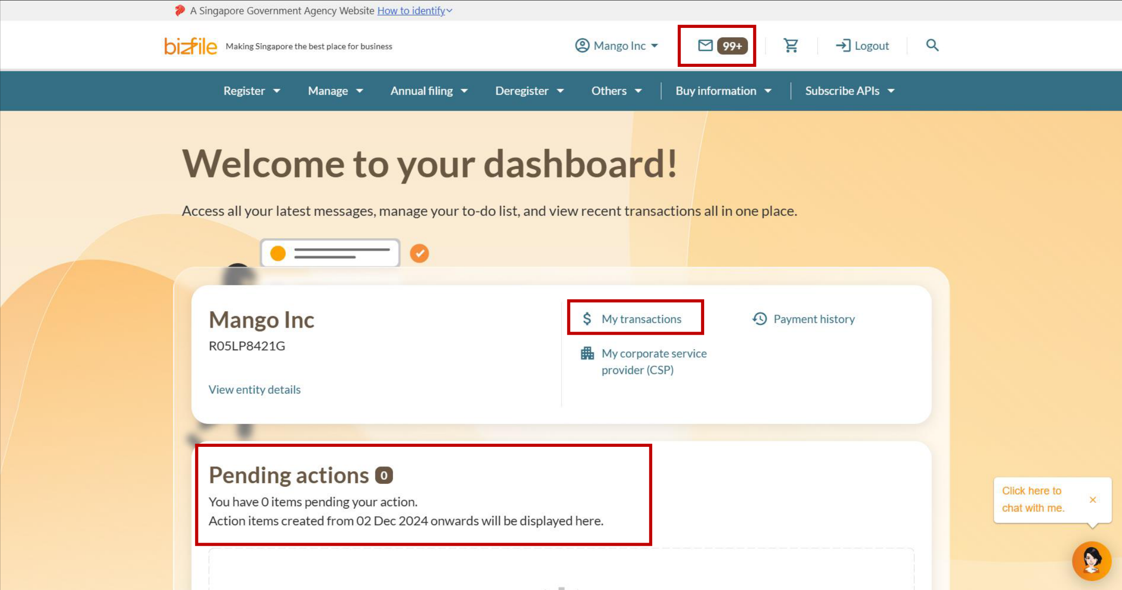 Bizfile entity dashboard showing pending actions and transaction links