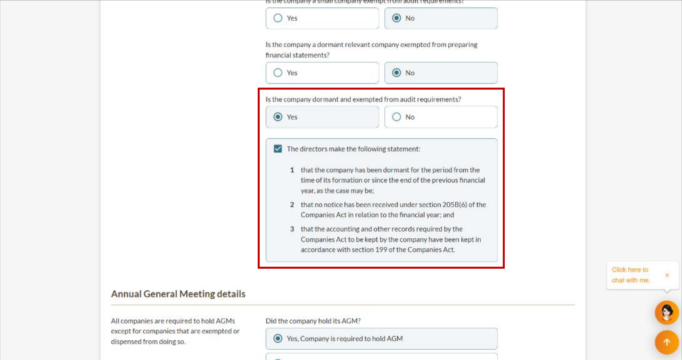 Declaration checkboxes for dormant unlimited private company exempted from audit requirements