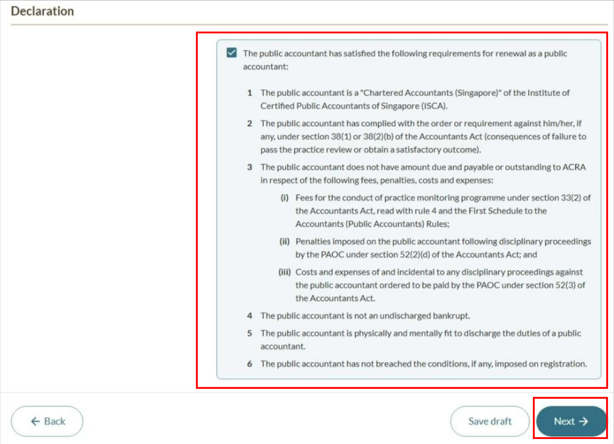 Other requirements declaration checkbox with Next button