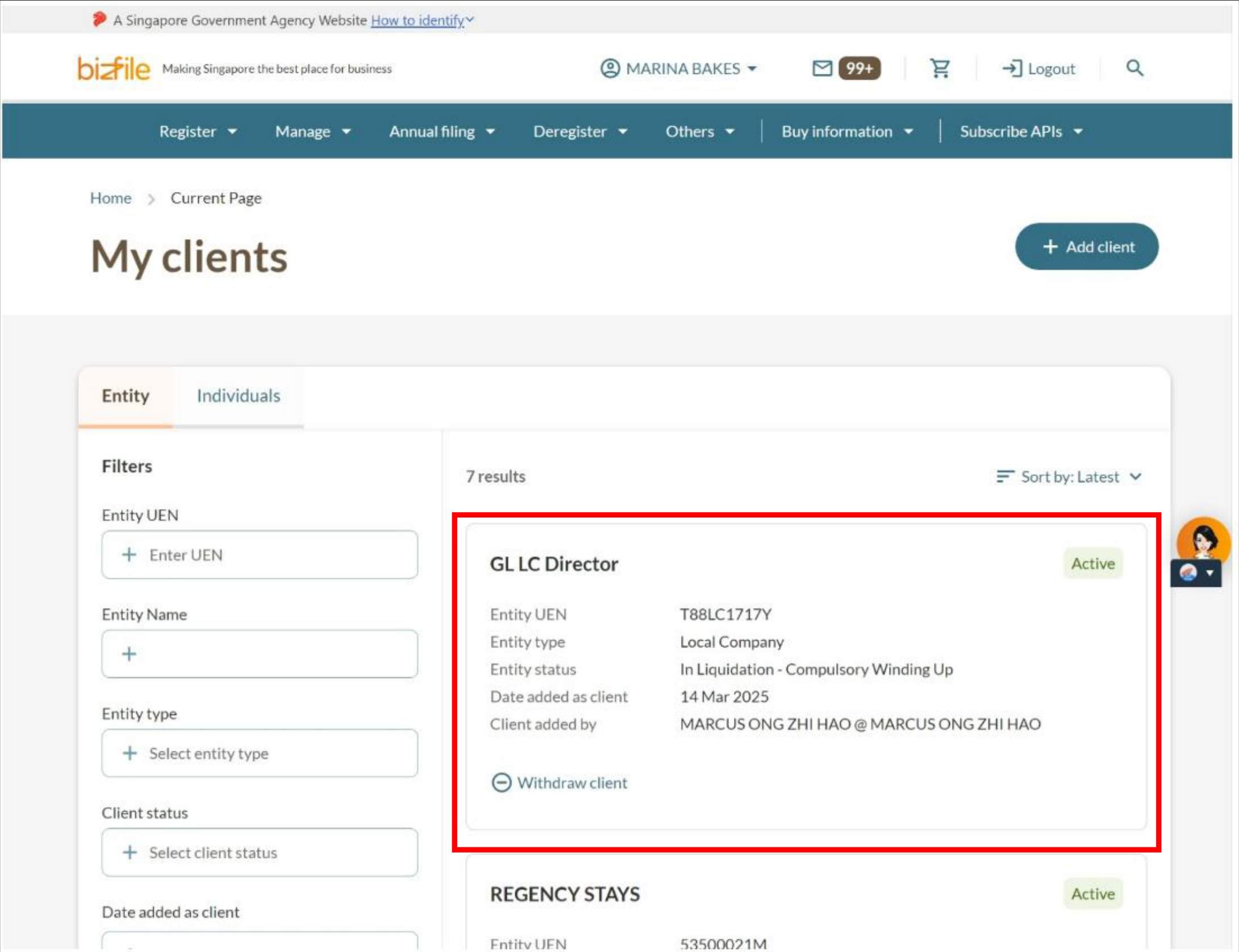 My clients listing on the dashboard showing the newly added client