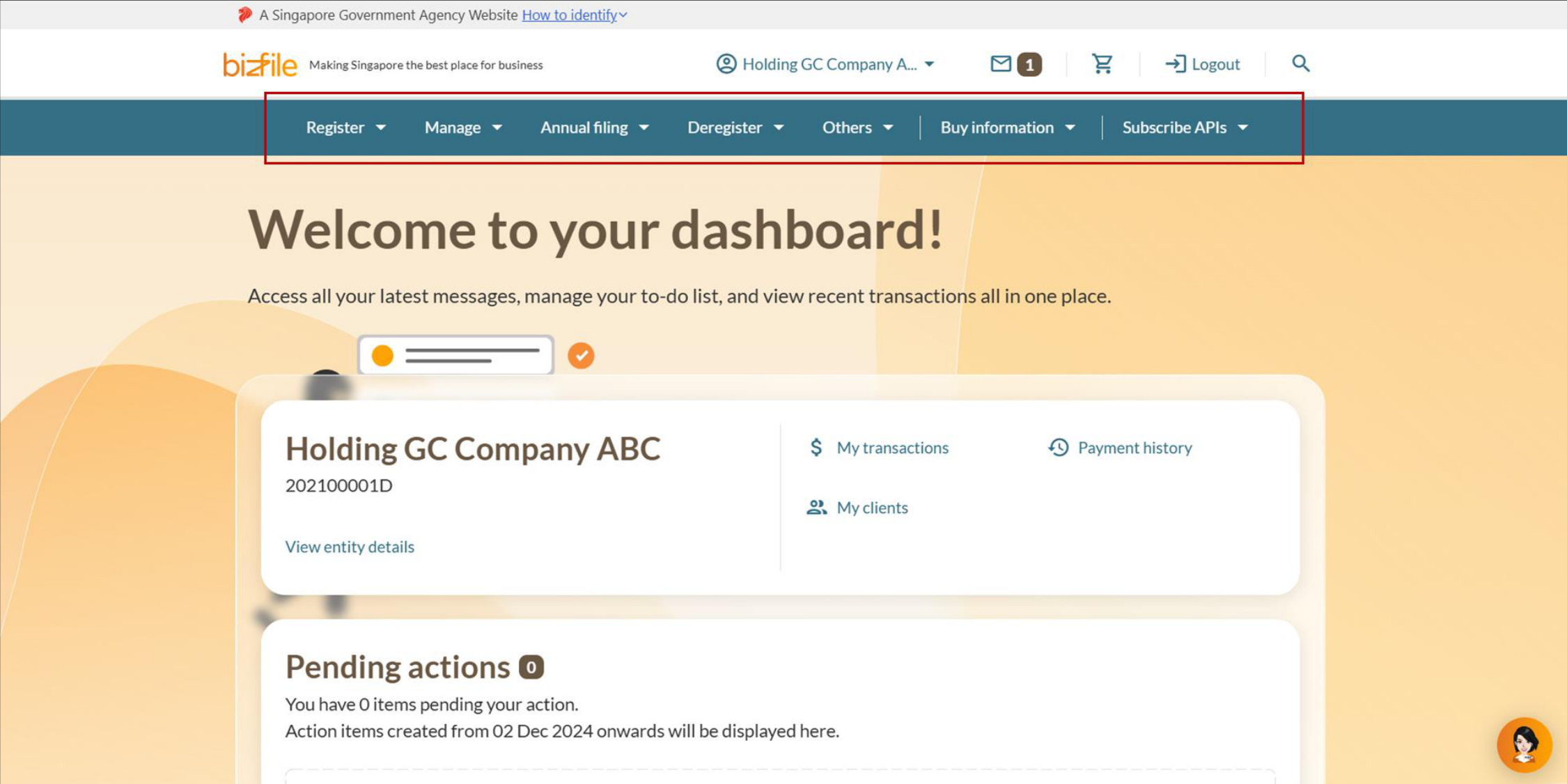 Bizfile mega menu navigation bar with dropdown options
