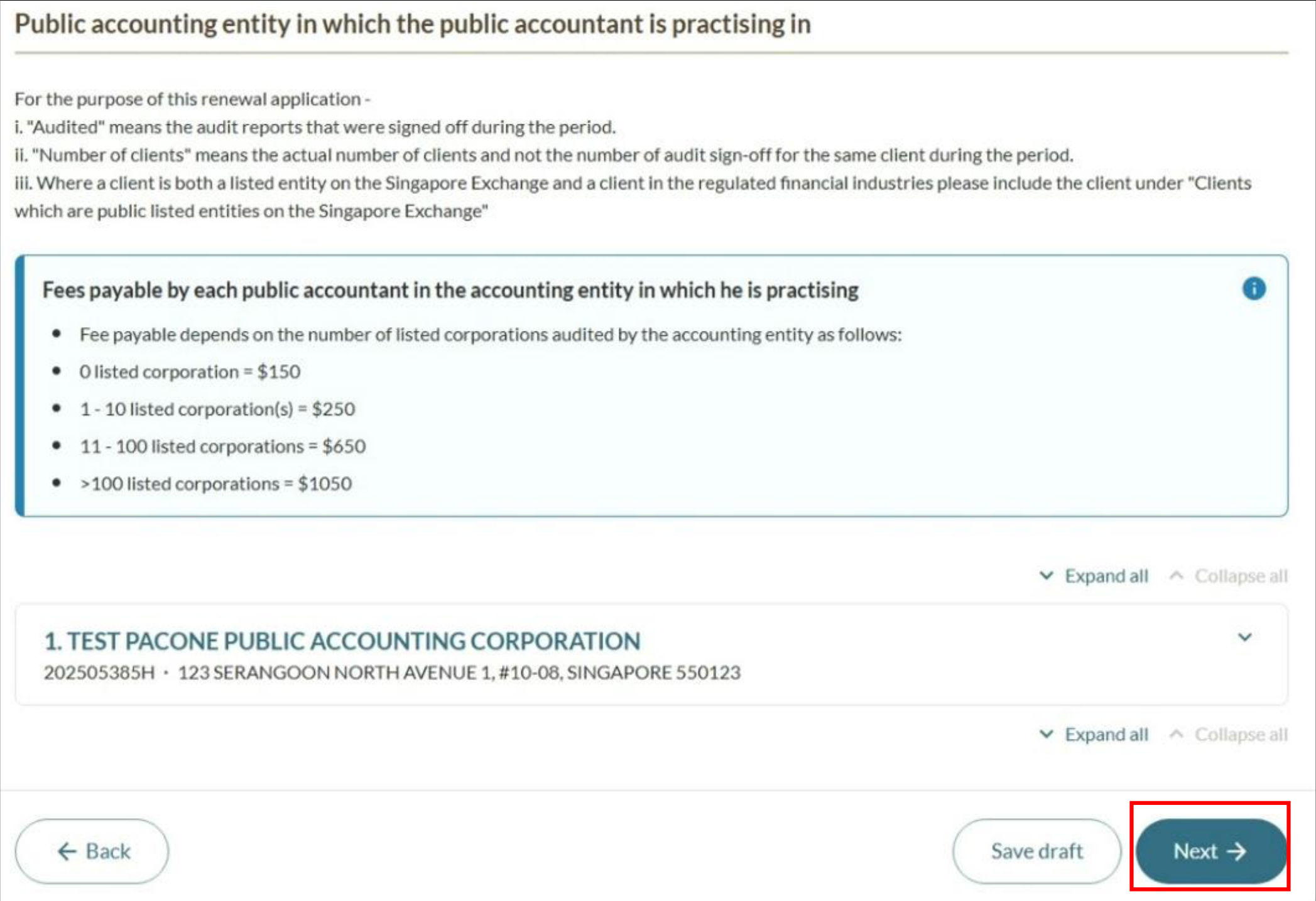 Completed public accounting entity details with Next button
