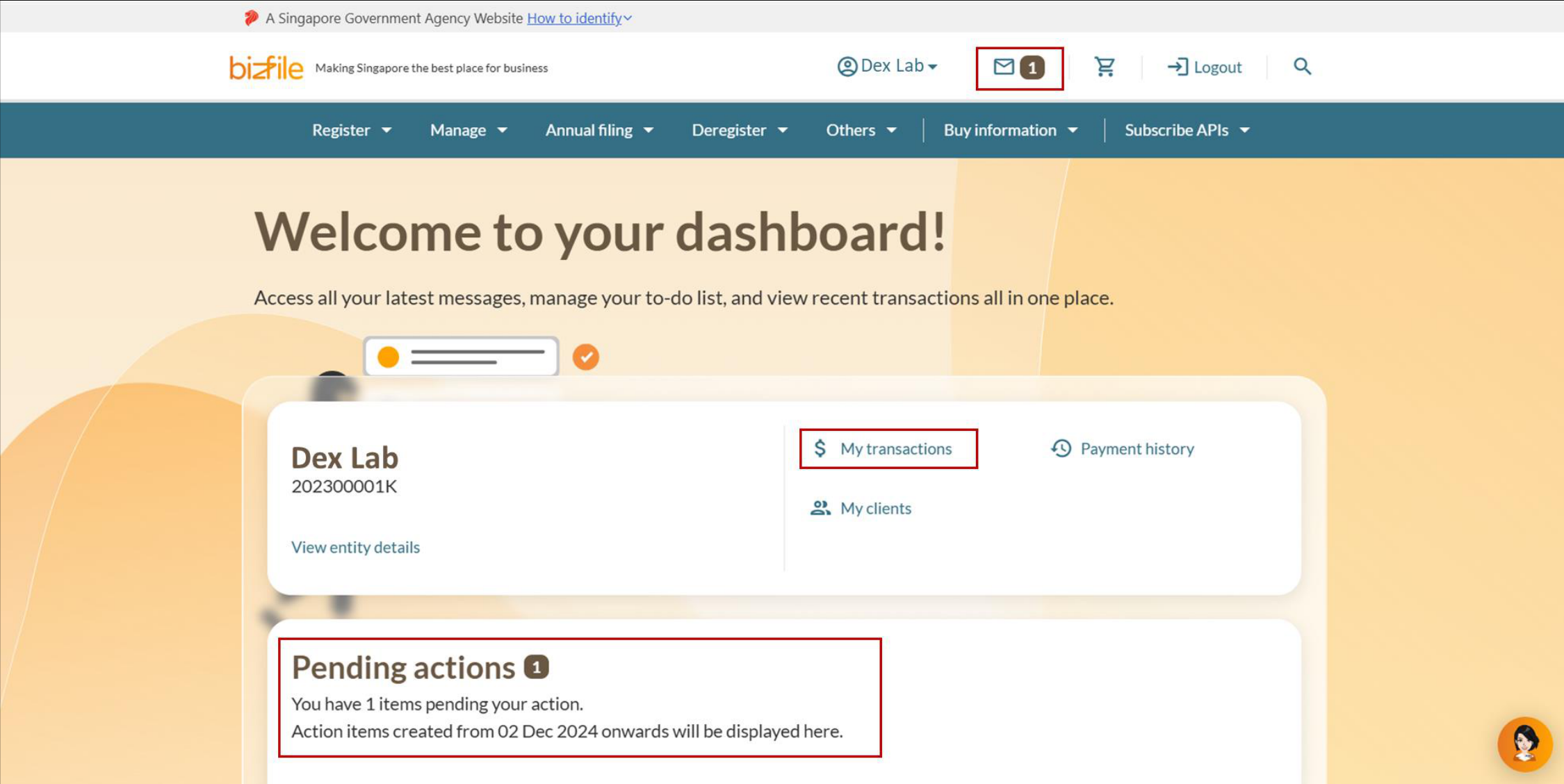 Bizfile dashboard showing the selected client entity in the top menu bar