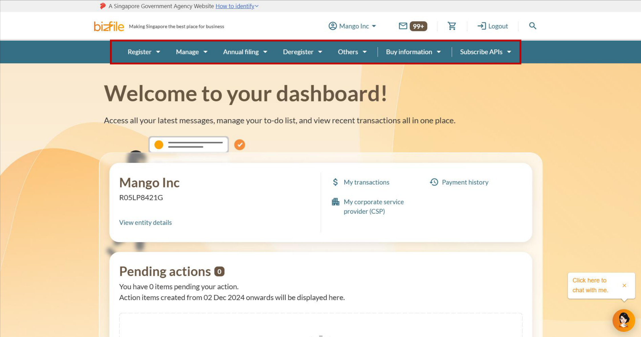 Bizfile dashboard with the navigation menu categories highlighted