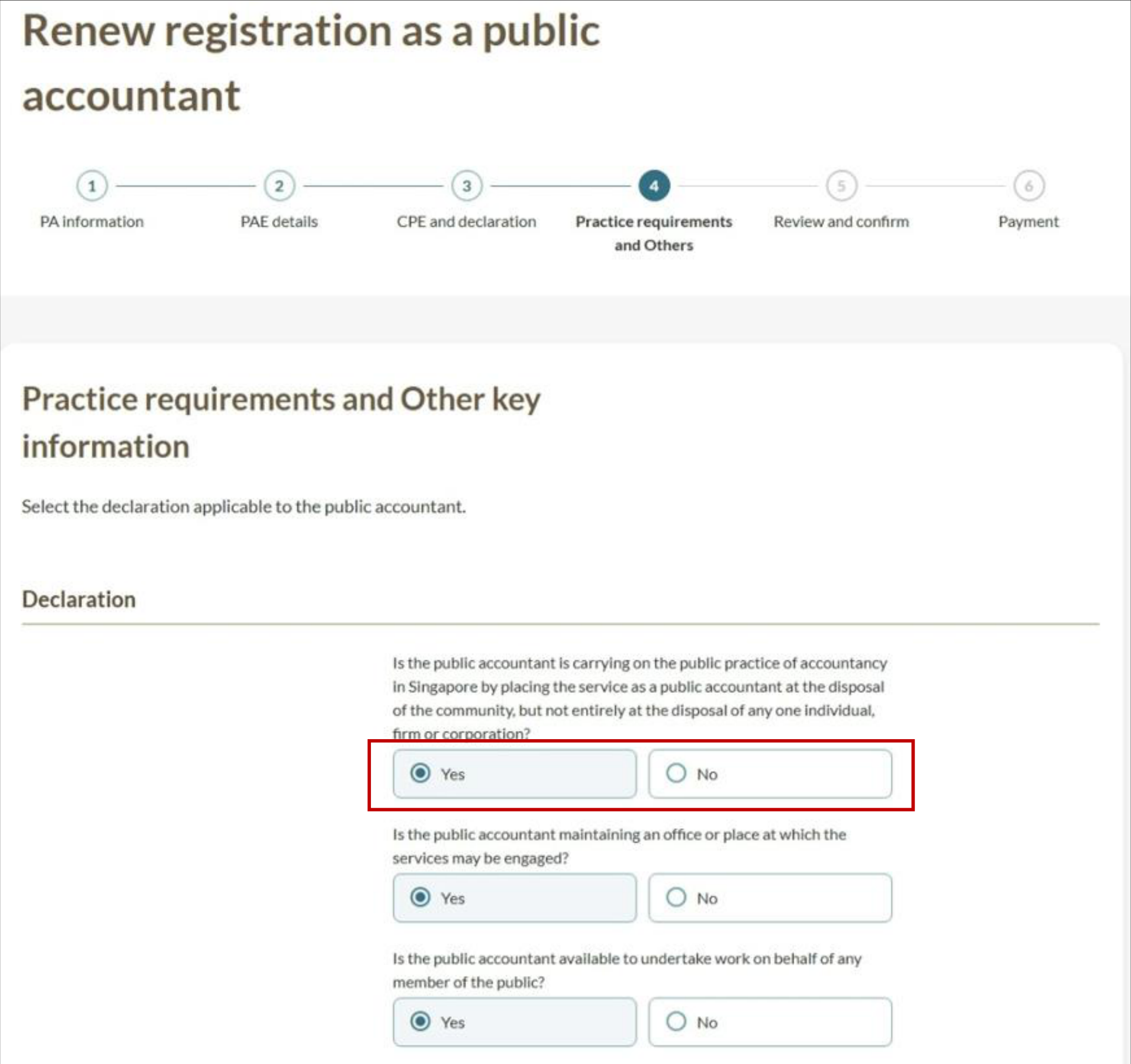 Adverse declarations form with Yes and No options