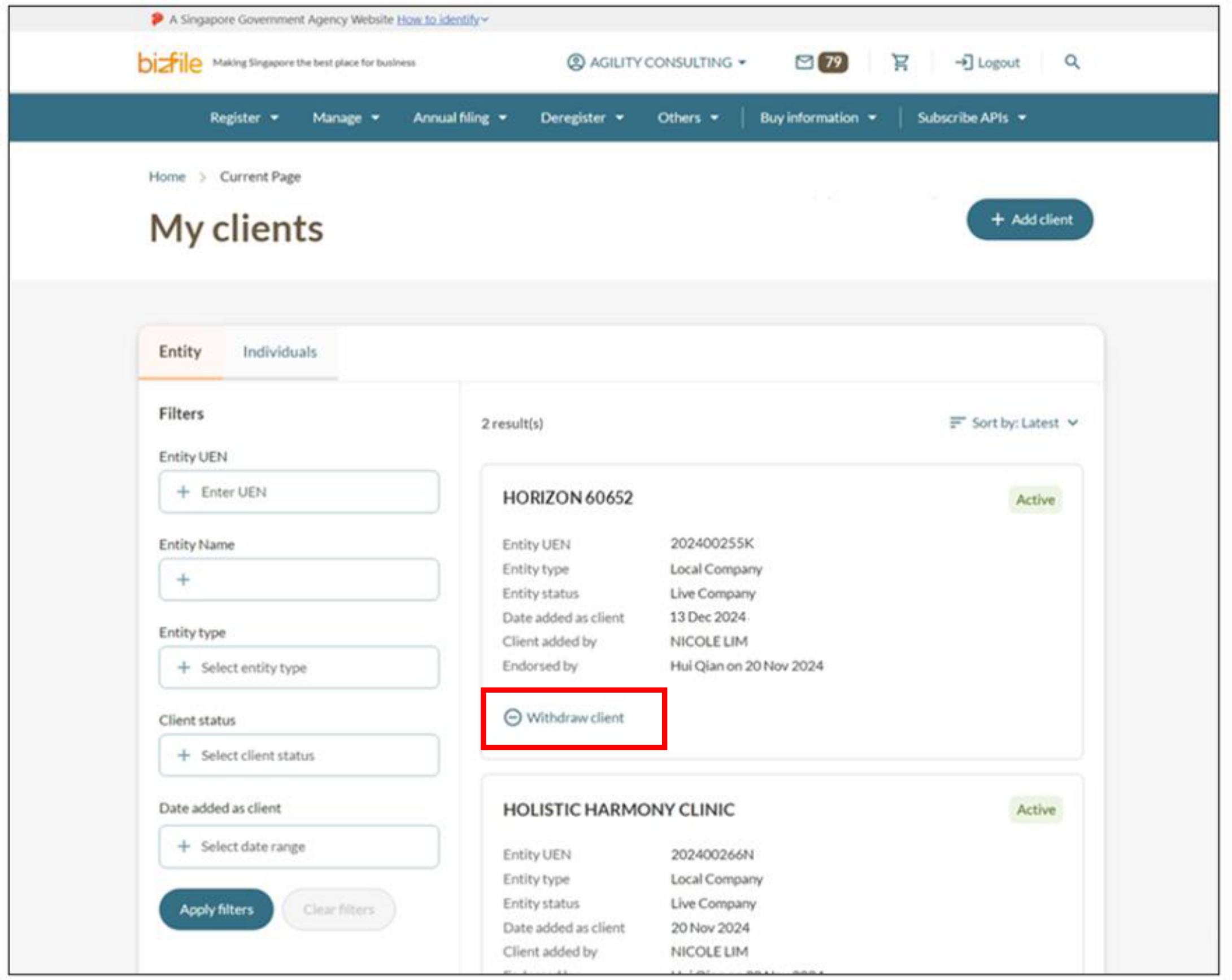 My clients page with Withdraw client option displayed below the client's details