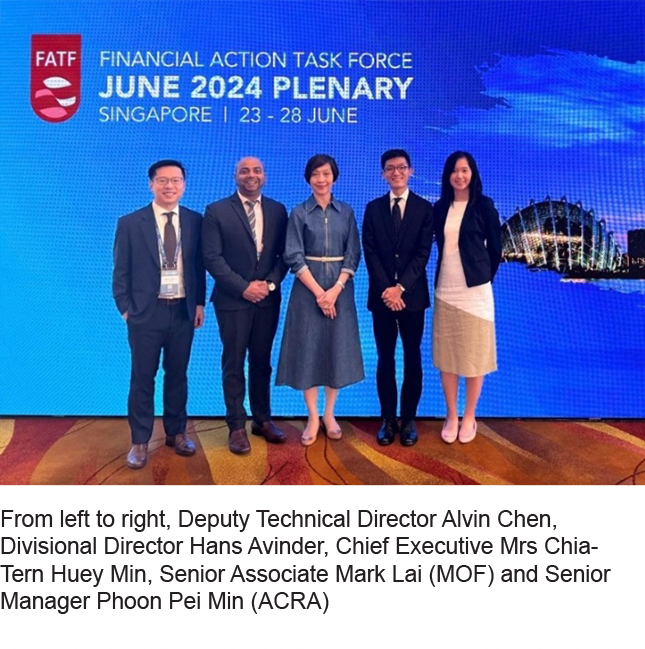ACRA Chief Executive with MAS and MOF representatives at FATF June 2024 Plenary in Singapore.