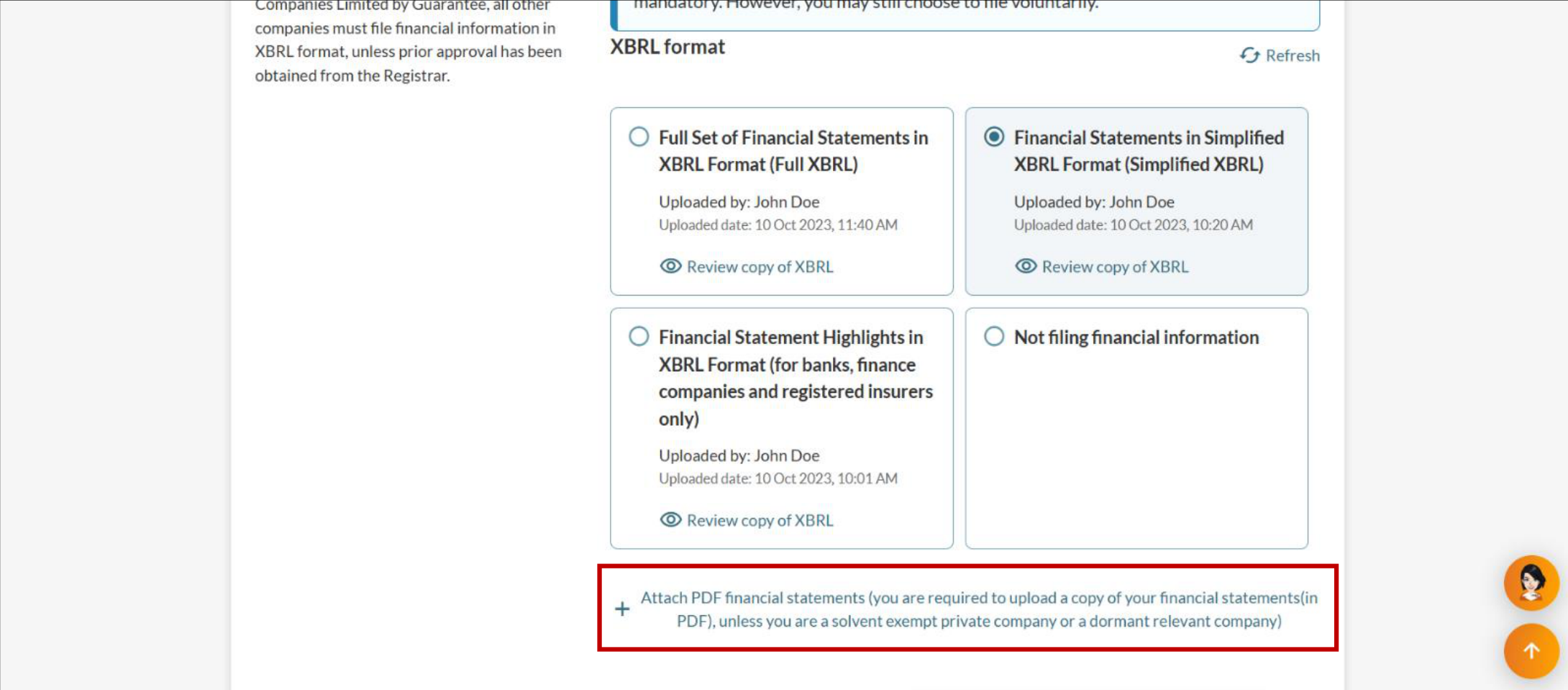 Financial statements upload section with plus button