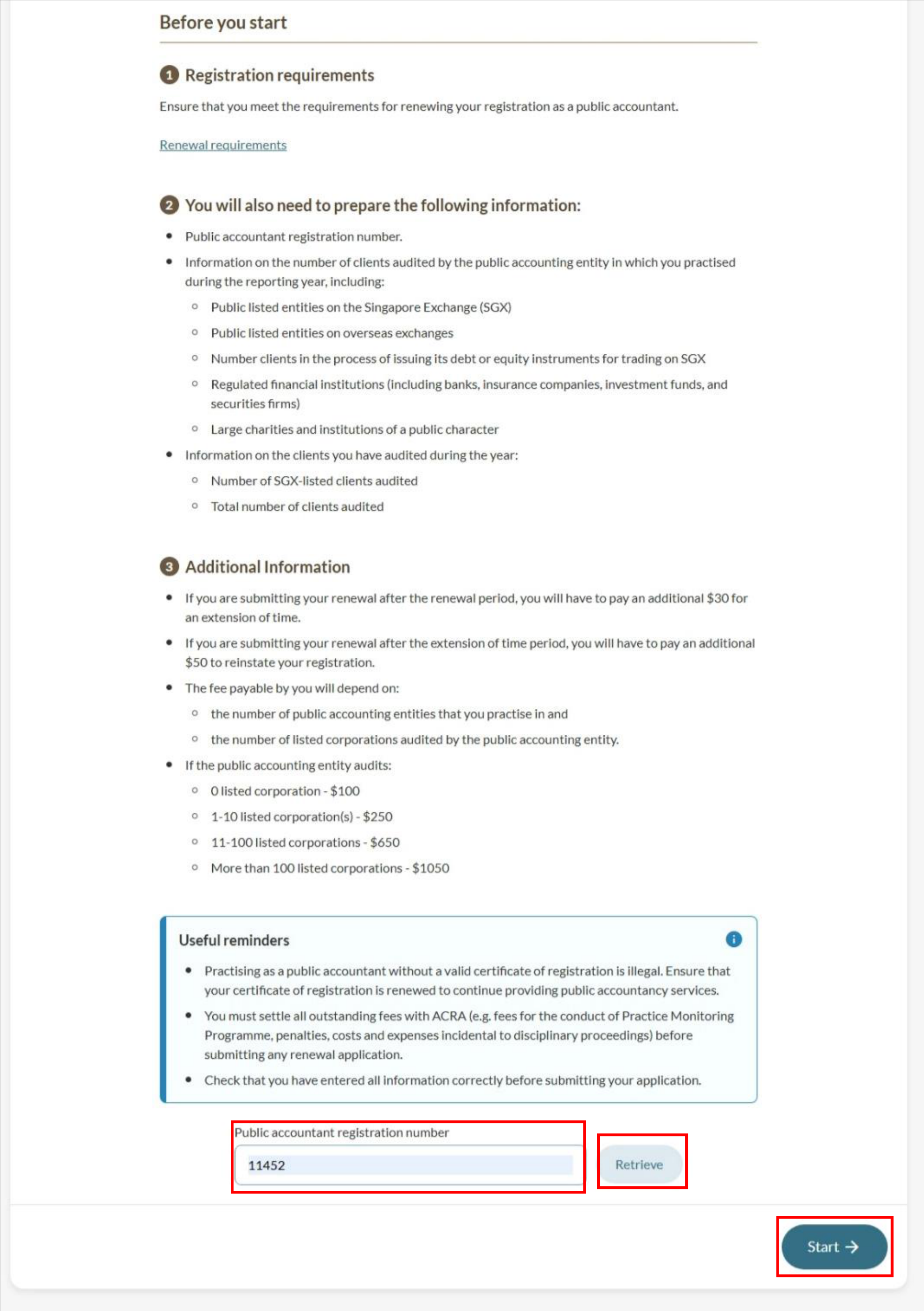 Renew registration as a public accountant introduction page with PA registration number field, Retrieve button, and Start button