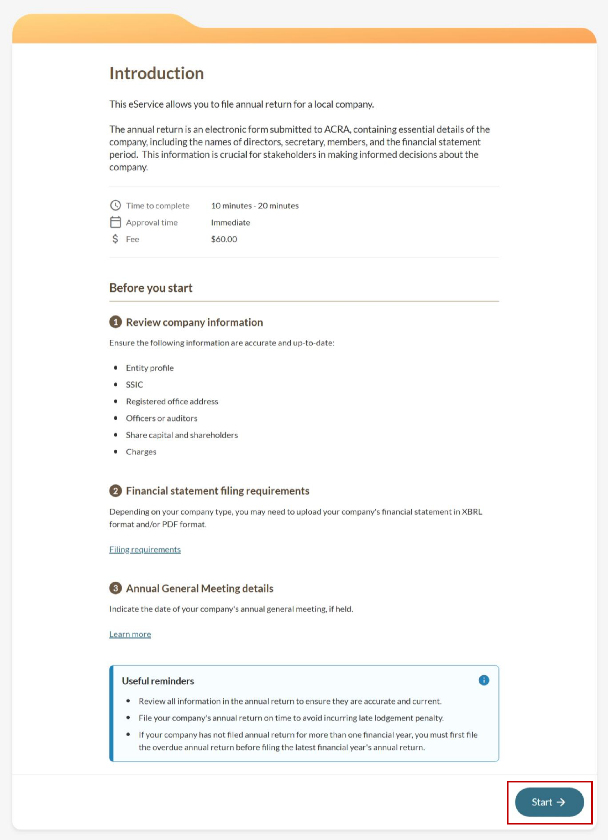File annual returns introduction page with Start butto
