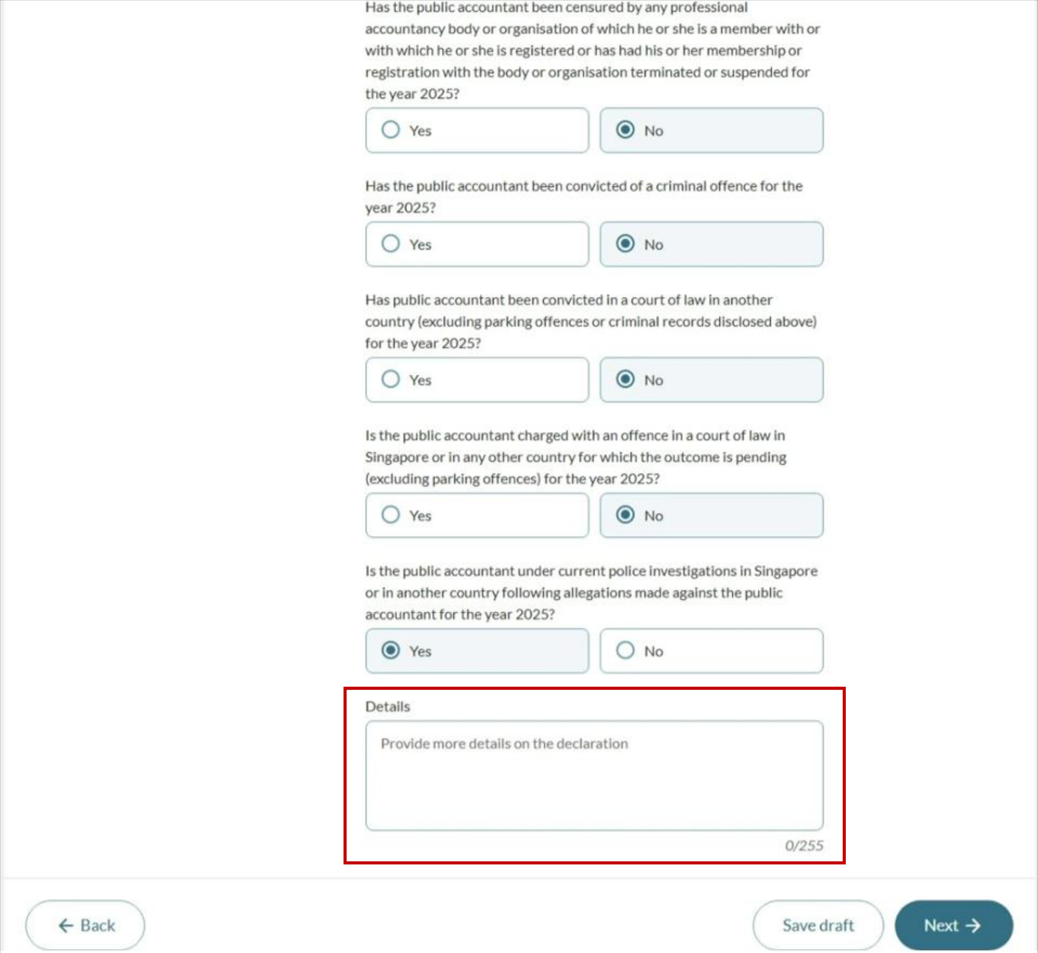Adverse declarations form with text fields for adverse answers, and Next button