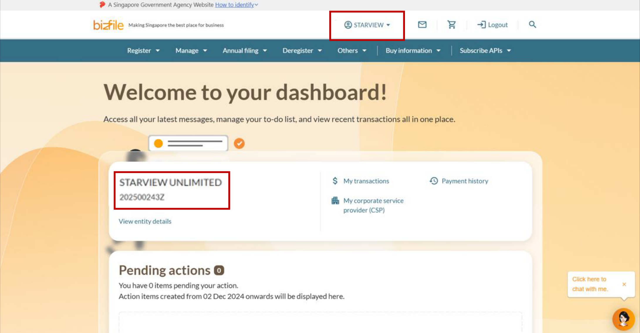Entity dashboard showing the entity name and UEN on the top menu ba